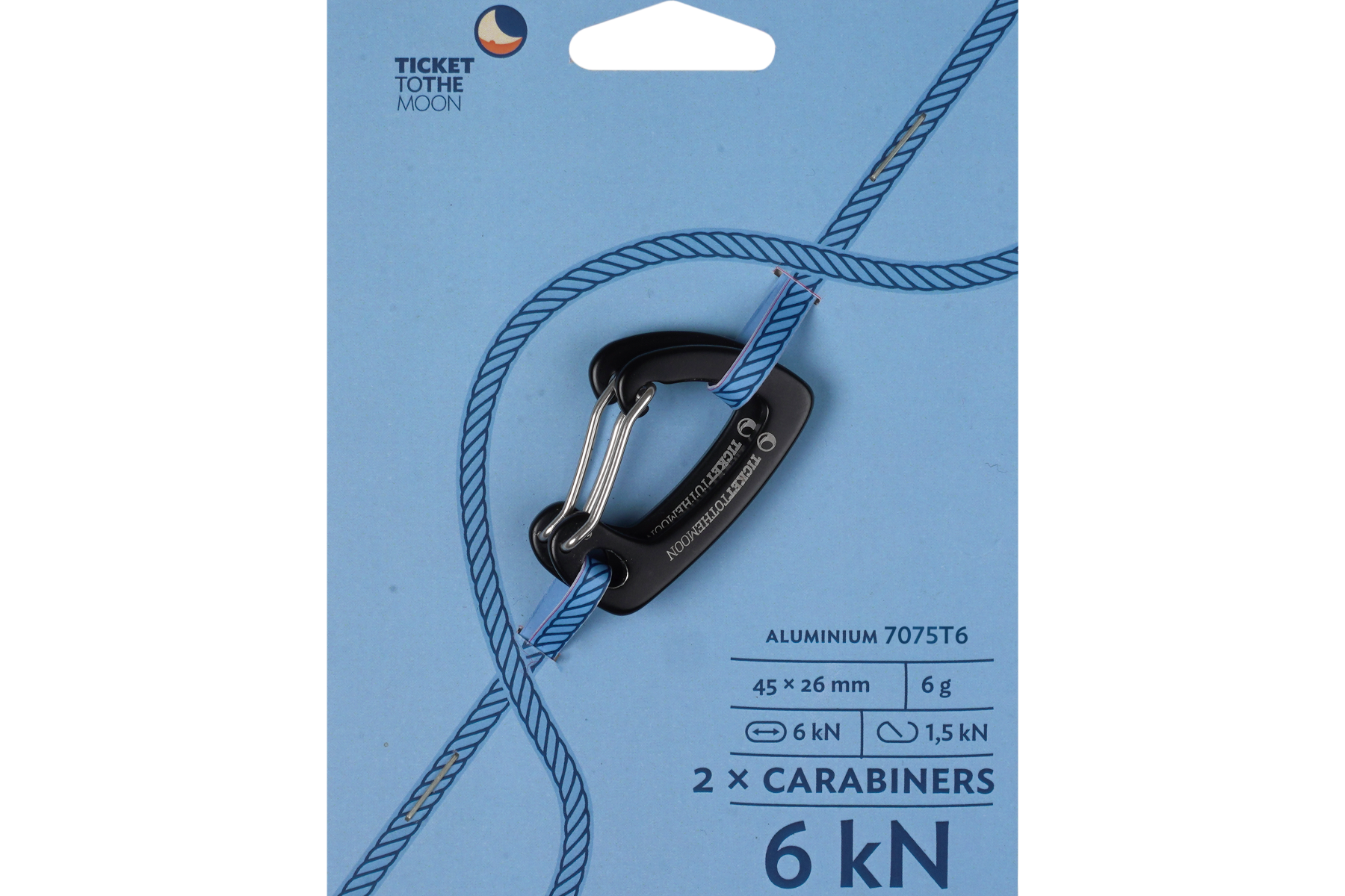Packung mit zwei schwarzen Karabinern aus Aluminium 7075T6, 45x26 mm und 6 kN Belastbarkeit, abgebildet mit blauer Schnur und TICKET TO THE MOON Logo.