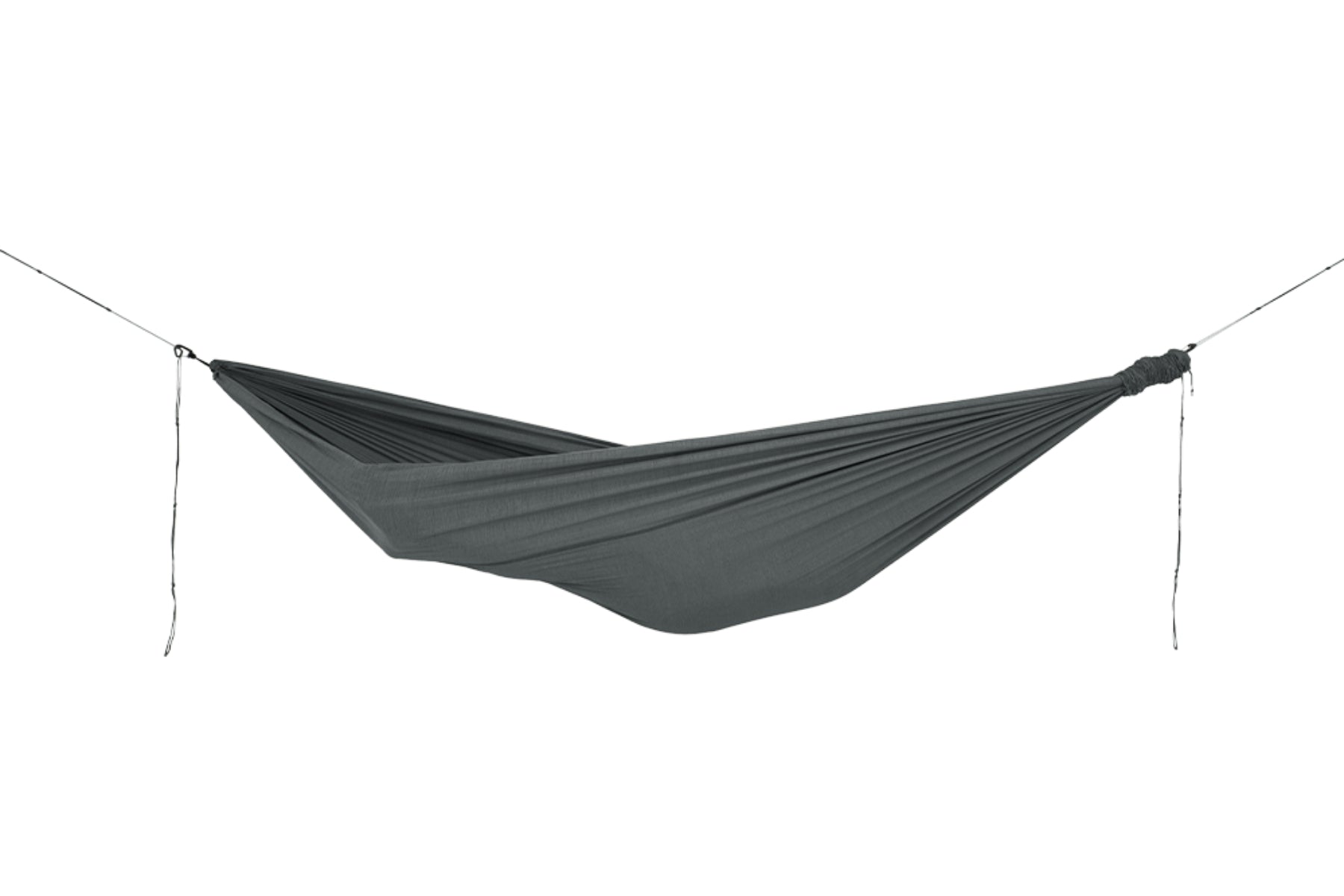 Gray hammock hanging between two points on a white background