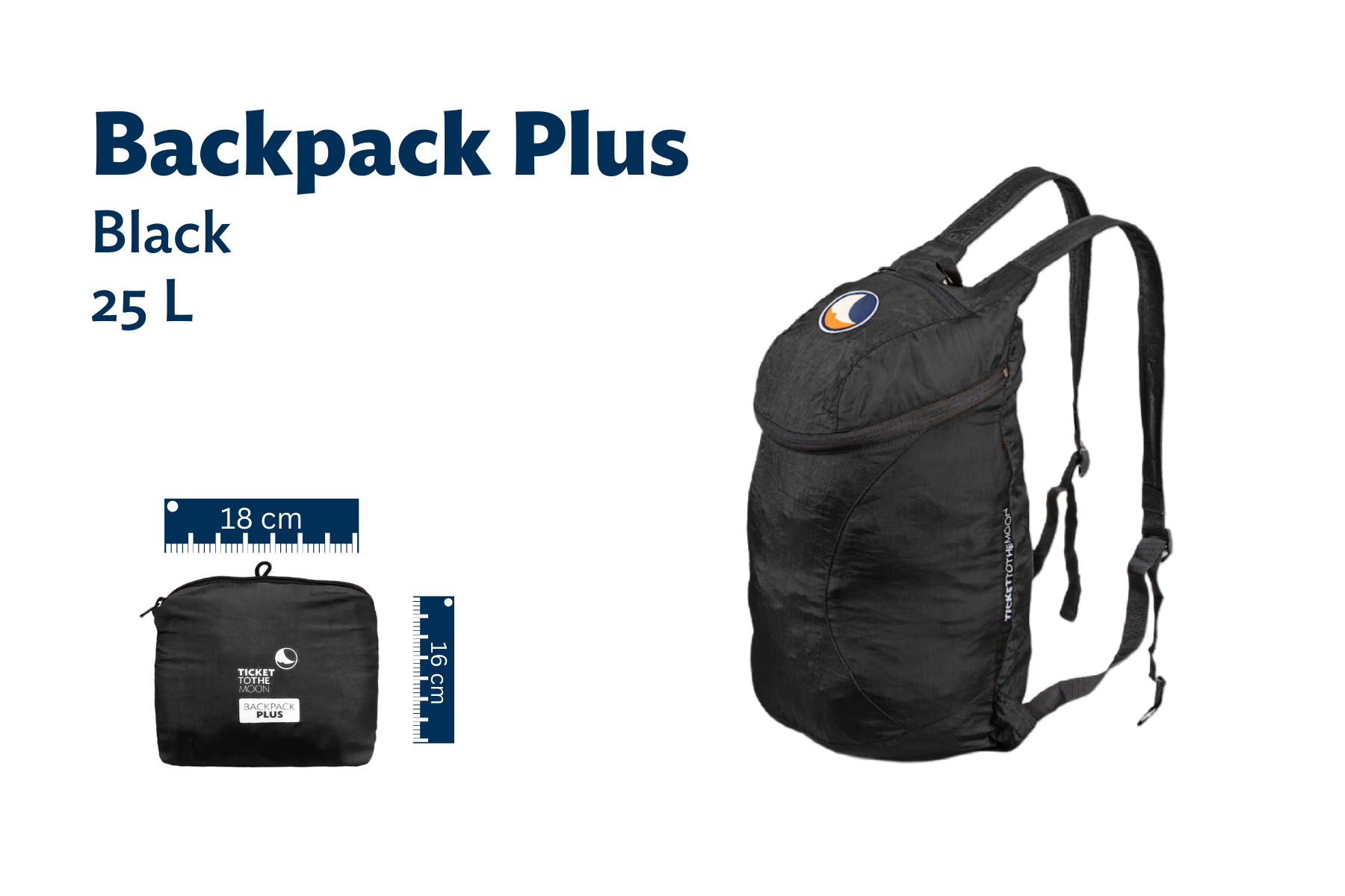 Produktdarstellung des Backpack Plus in Schwarz mit 25 Liter Volumen, inklusive Maßangabe des komprimierten Packmaßes (18 cm × 16 cm) und großem Rucksackbild rechts.