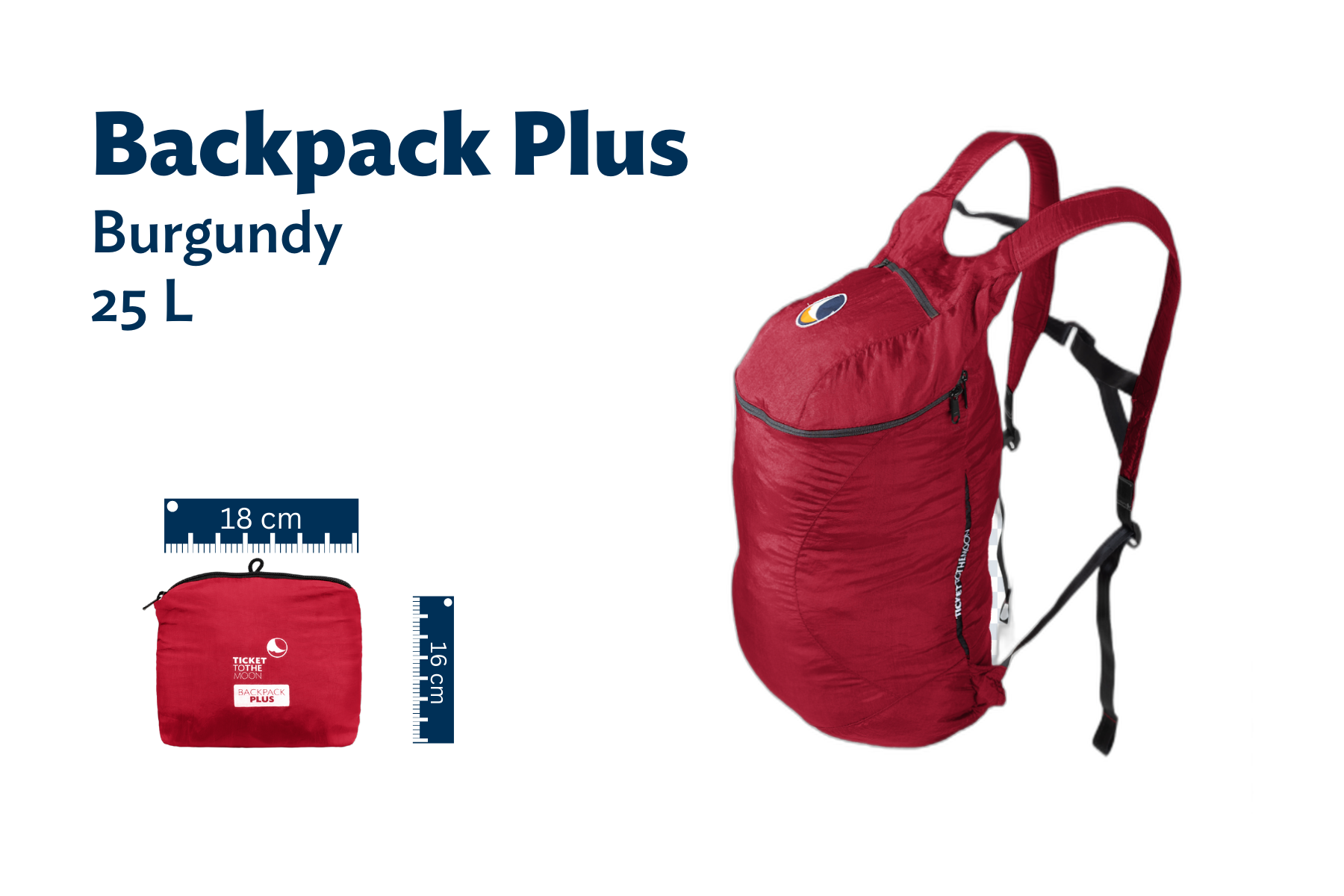 Produktdarstellung des Backpack Plus in Rot mit 25 Liter Volumen, inklusive Maßangabe des komprimierten Packmaßes (18 cm × 16 cm) und großem Rucksackbild rechts.
