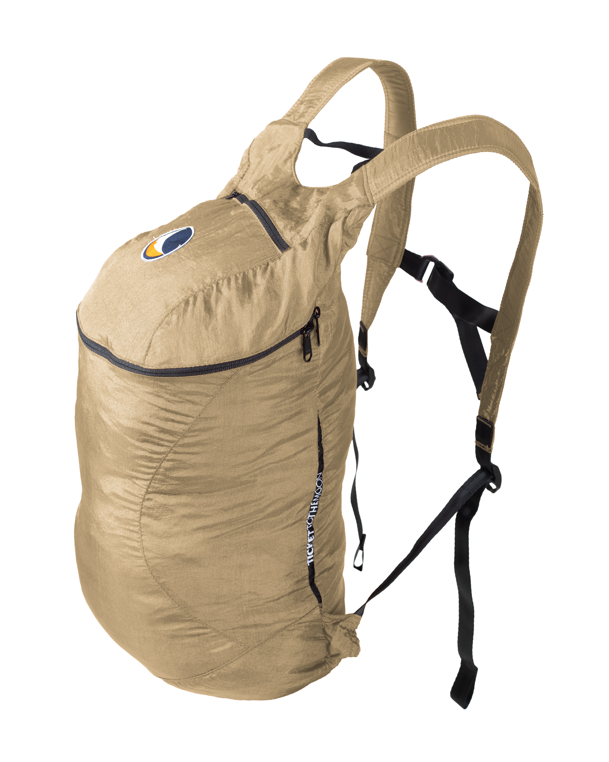 Freigestellter Mini Backpack von Ticket to the Moon in beiger Ausführung mit schwarzem Reißverschluss und Logo auf der Front – leichter Tagesrucksack für unterwegs.