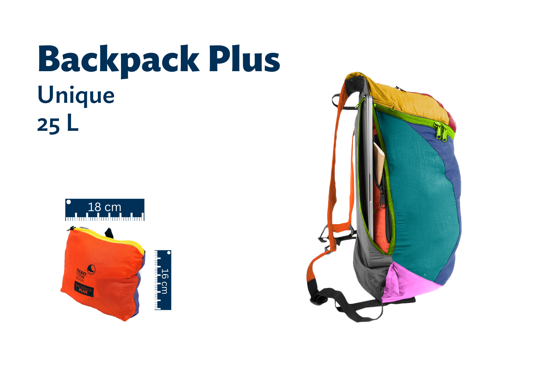 Produktdarstellung des Backpack Plus in unterschiedlichen buten Farben mit 25 Liter Volumen, inklusive Maßangabe des komprimierten Packmaßes (18 cm × 16 cm) und großem Rucksackbild rechts.
