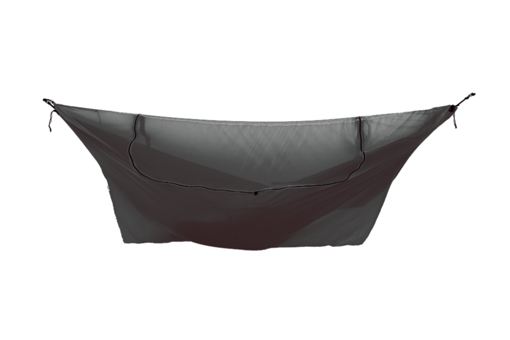 Schwarze 360° Mückennetz-Hülle freigestellt vor transparentem Hintergrund, vollständig aufgespannt mit sichtbar umlaufendem Reißverschluss