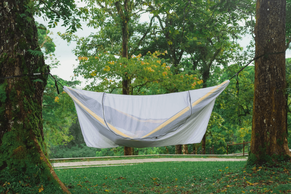 Weiße 360° Mückennetz-Hülle um eine Hängematte zwischen zwei Bäumen, gespannt in grüner Waldlandschaft mit moosbewachsenen Stämmen und gelb blühenden Bäumen