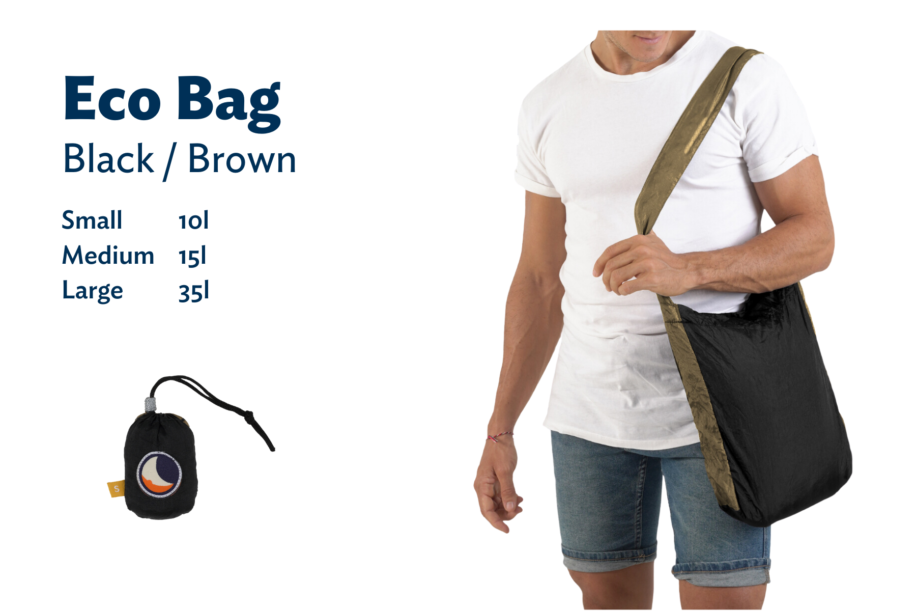 Mann trägt die ECO BAG in Schwarz und Braun über der Schulter, daneben stehen die verfügbaren Größen: Small (10 l), Medium (15 l), Large (35 l), sowie die verpackte Tasche.