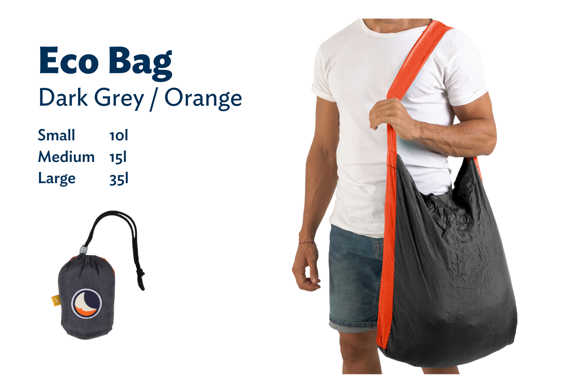 Mann trägt die ECO BAG in Schwarz und Orange über der Schulter, daneben stehen die verfügbaren Größen: Small (10 l), Medium (15 l), Large (35 l), sowie die verpackte Tasche.