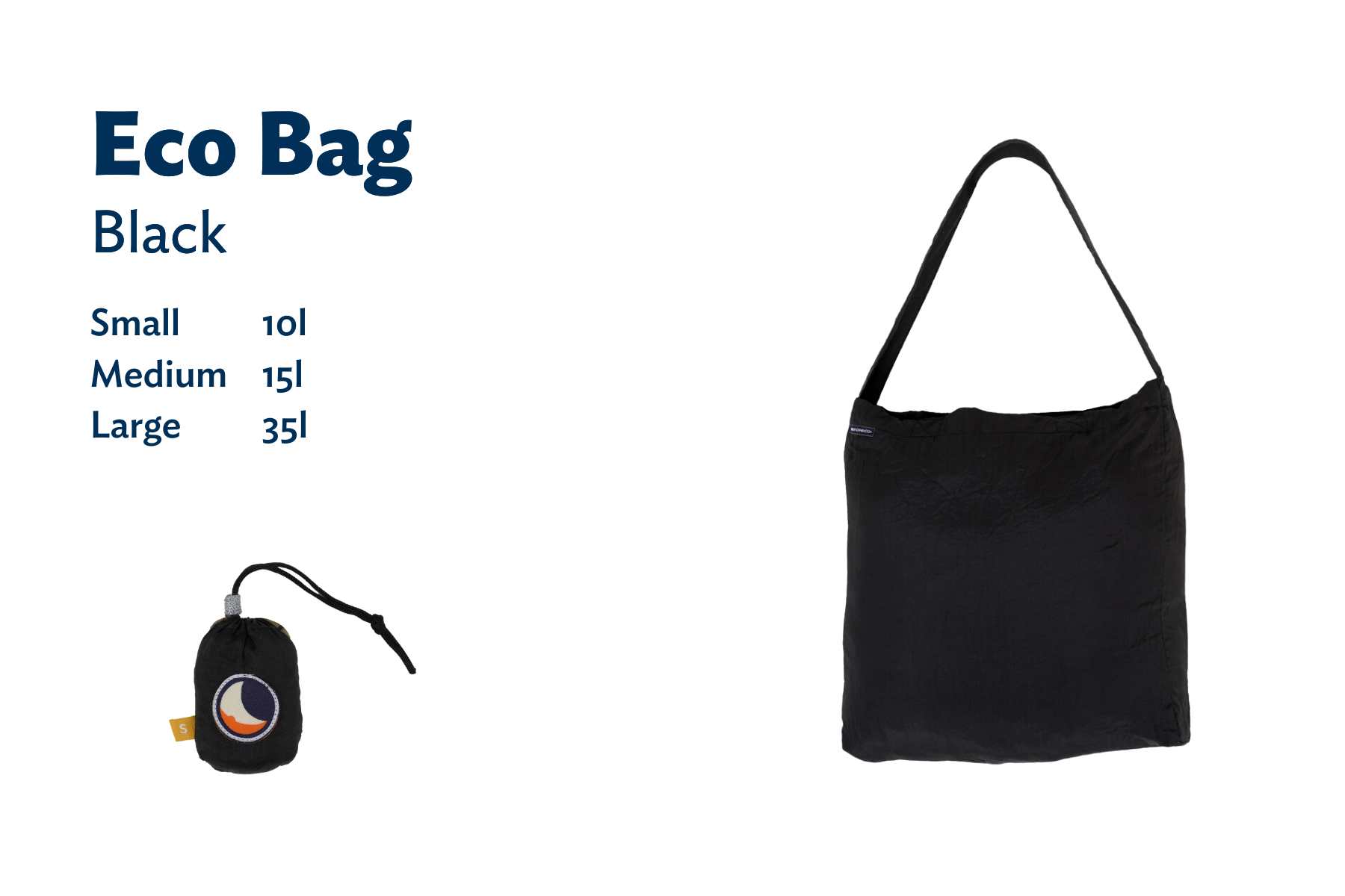Mann trägt die ECO BAG in Schwarz über der Schulter, daneben stehen die verfügbaren Größen: Small (10 l), Medium (15 l), Large (35 l), sowie die verpackte Tasche.