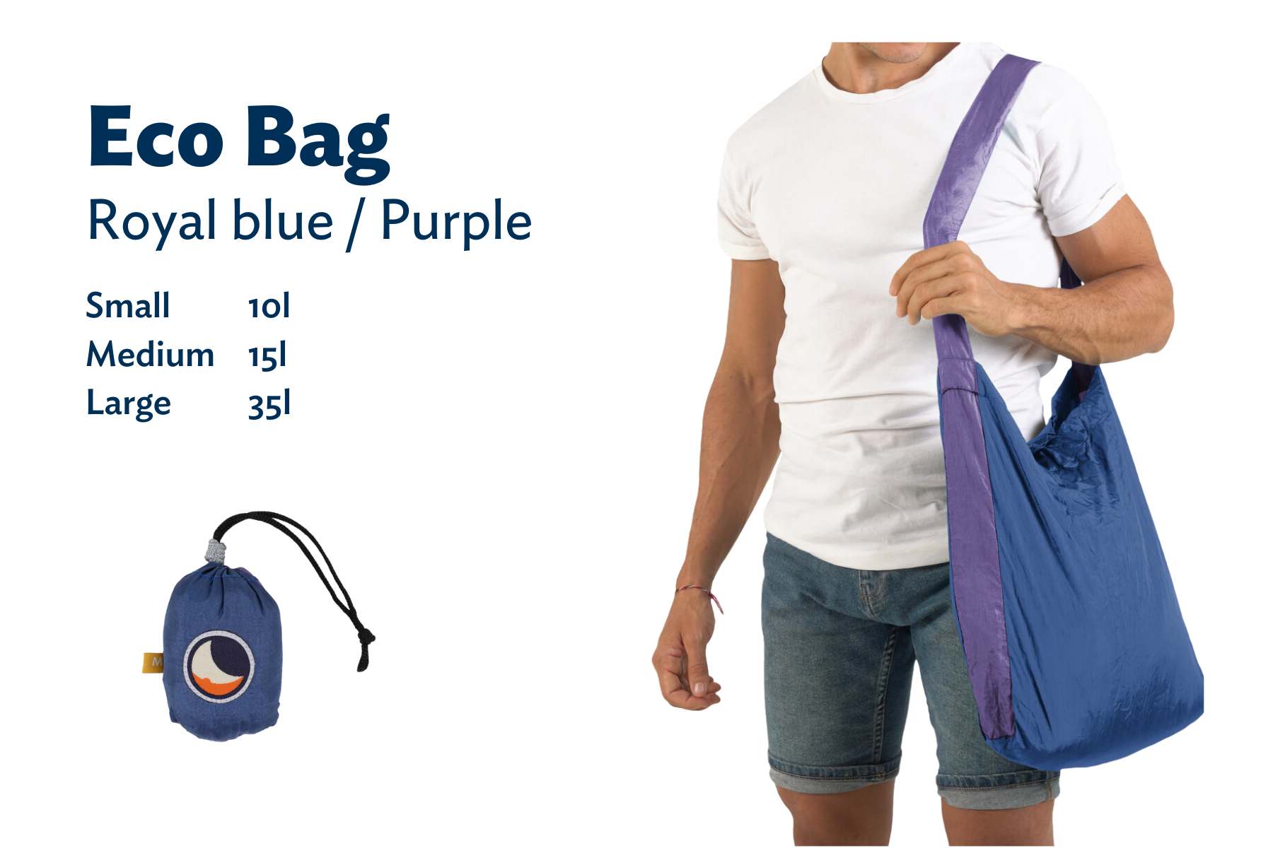 Mann trägt die ECO BAG in Blau und Lila über der Schulter, daneben stehen die verfügbaren Größen: Small (10 l), Medium (15 l), Large (35 l), sowie die verpackte Tasche.