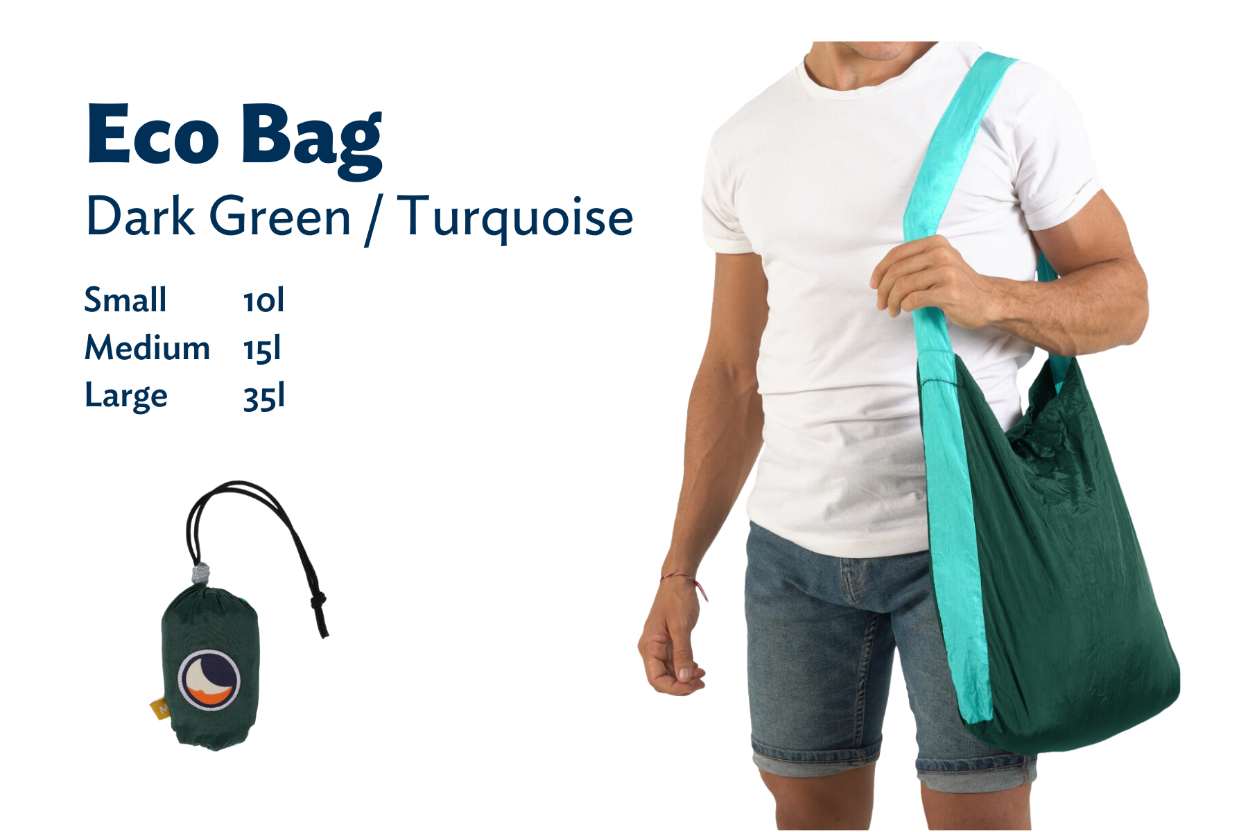 Mann trägt die ECO BAG in Türkis und Grün über der Schulter, daneben stehen die verfügbaren Größen: Small (10 l), Medium (15 l), Large (35 l), sowie die verpackte Tasche.