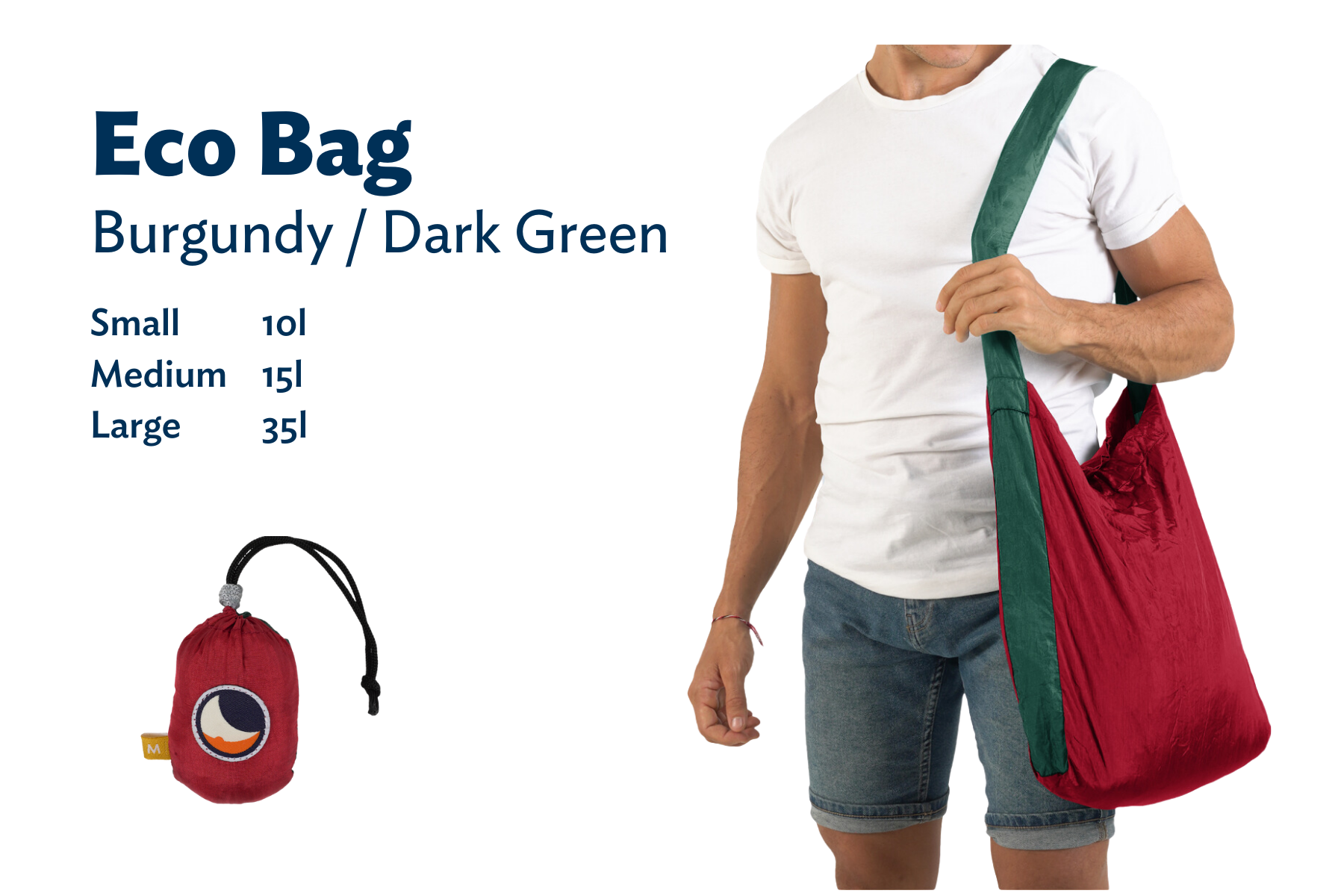 Mann trägt die ECO BAG in Rot und Grün über der Schulter, daneben stehen die verfügbaren Größen: Small (10 l), Medium (15 l), Large (35 l), sowie die verpackte Tasche.
