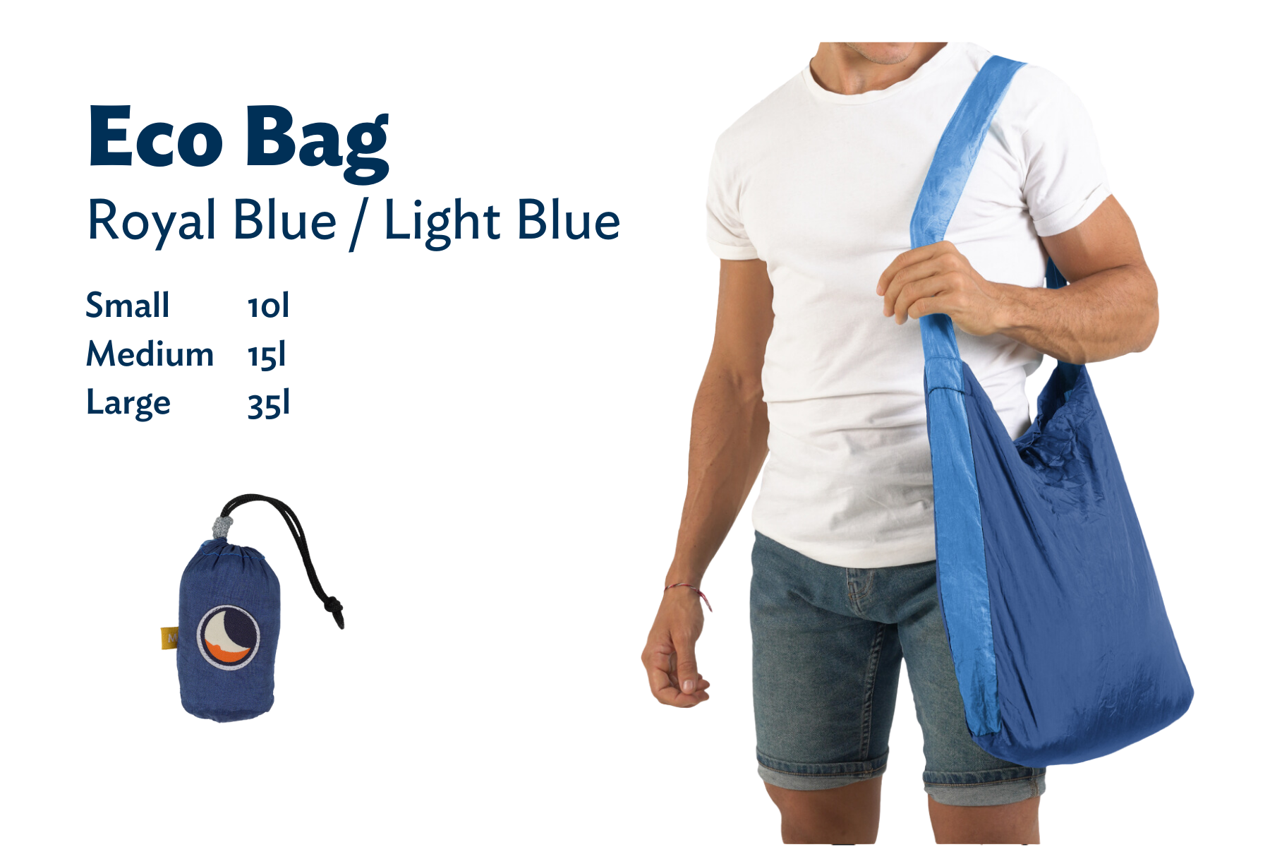 Mann trägt die ECO BAG in Blau und Hellblau über der Schulter, daneben stehen die verfügbaren Größen: Small (10 l), Medium (15 l), Large (35 l), sowie die verpackte Tasche.