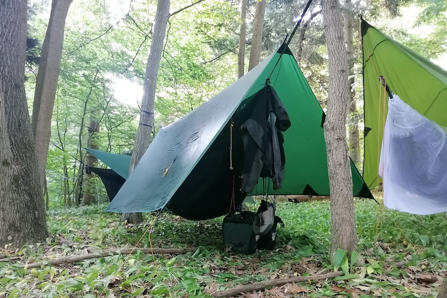 FULLMOON TARP im A-Frame-Zeltaufbau zwischen Bäumen im Wald – wetterfester Unterschlupf bei Regen mit aufgehängter Ausrüstung darunter.