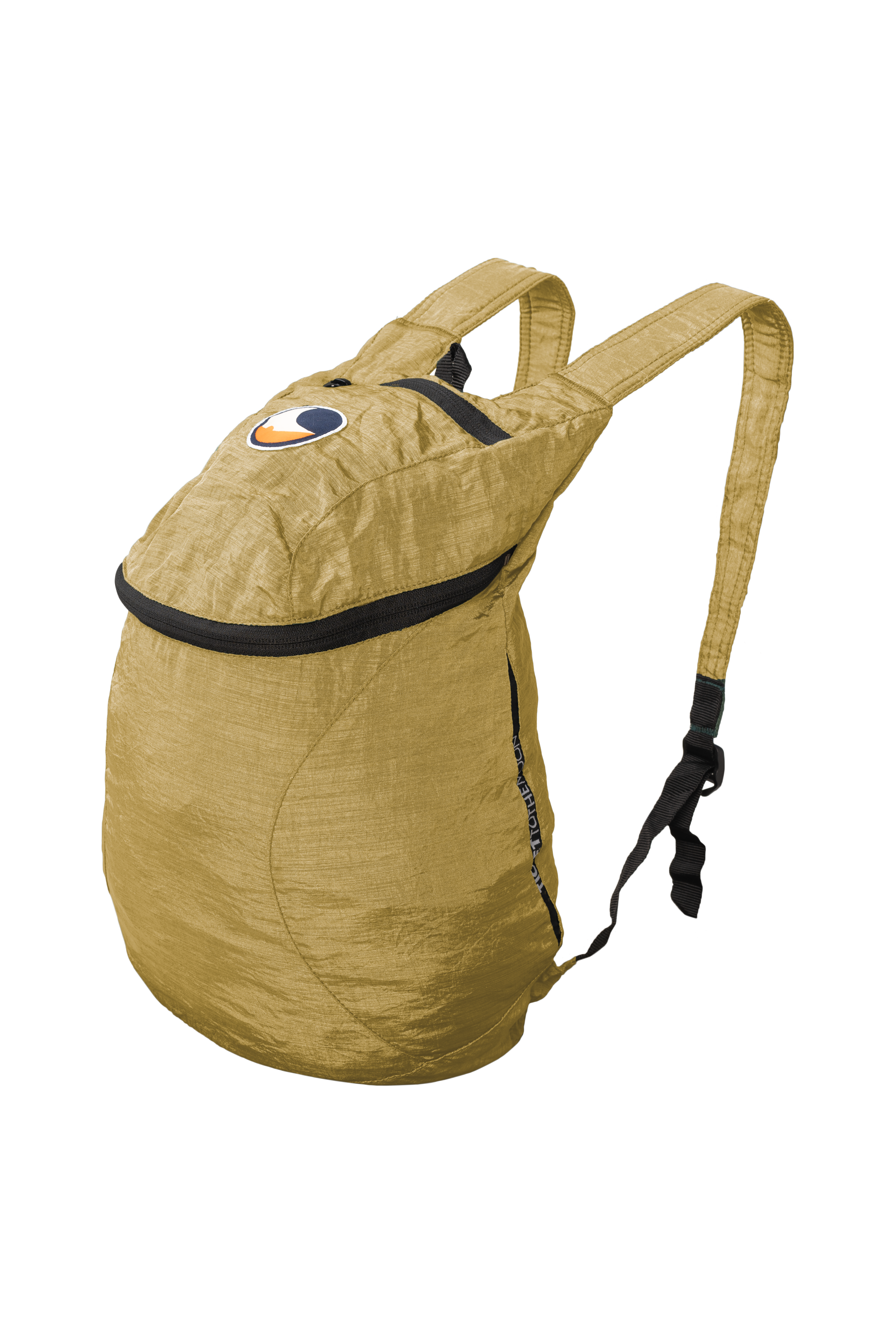 Freigestellter Mini Backpack von Ticket to the Moon in goldener Ausführung mit schwarzem Reißverschluss und Logo auf der Front – leichter Tagesrucksack für unterwegs.