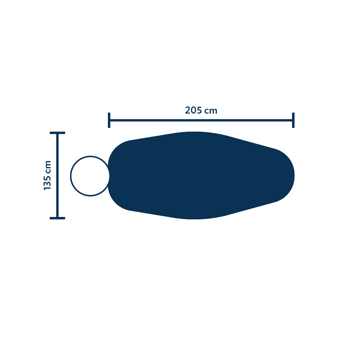Skizze des Moonblanket Pro mit 205 cm Länge und 135 cm Breite an der breitesten Stelle, in ergonomischer Mumienform