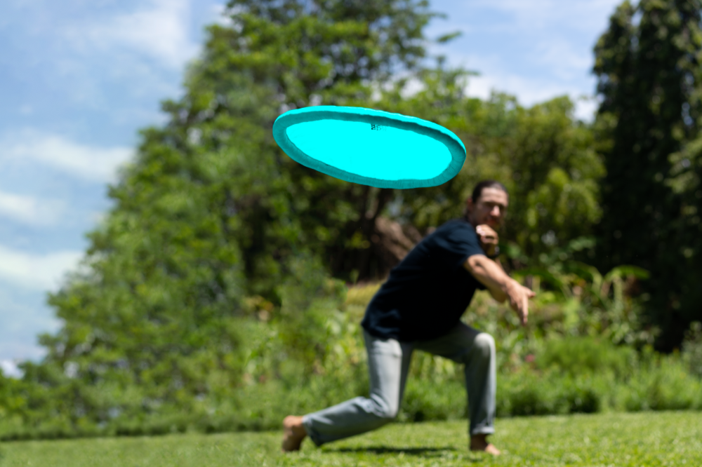 Person wirft eine türkise Moondisc auf einer Wiese, die Frisbee schwebt im Vordergrund, Hintergrund unscharf.