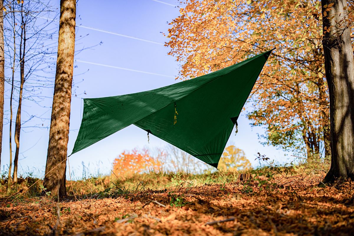 Moontarp zwischen Bäumen gespannt als Wetterschutz beim Camping im herbstlichen Laubwald.