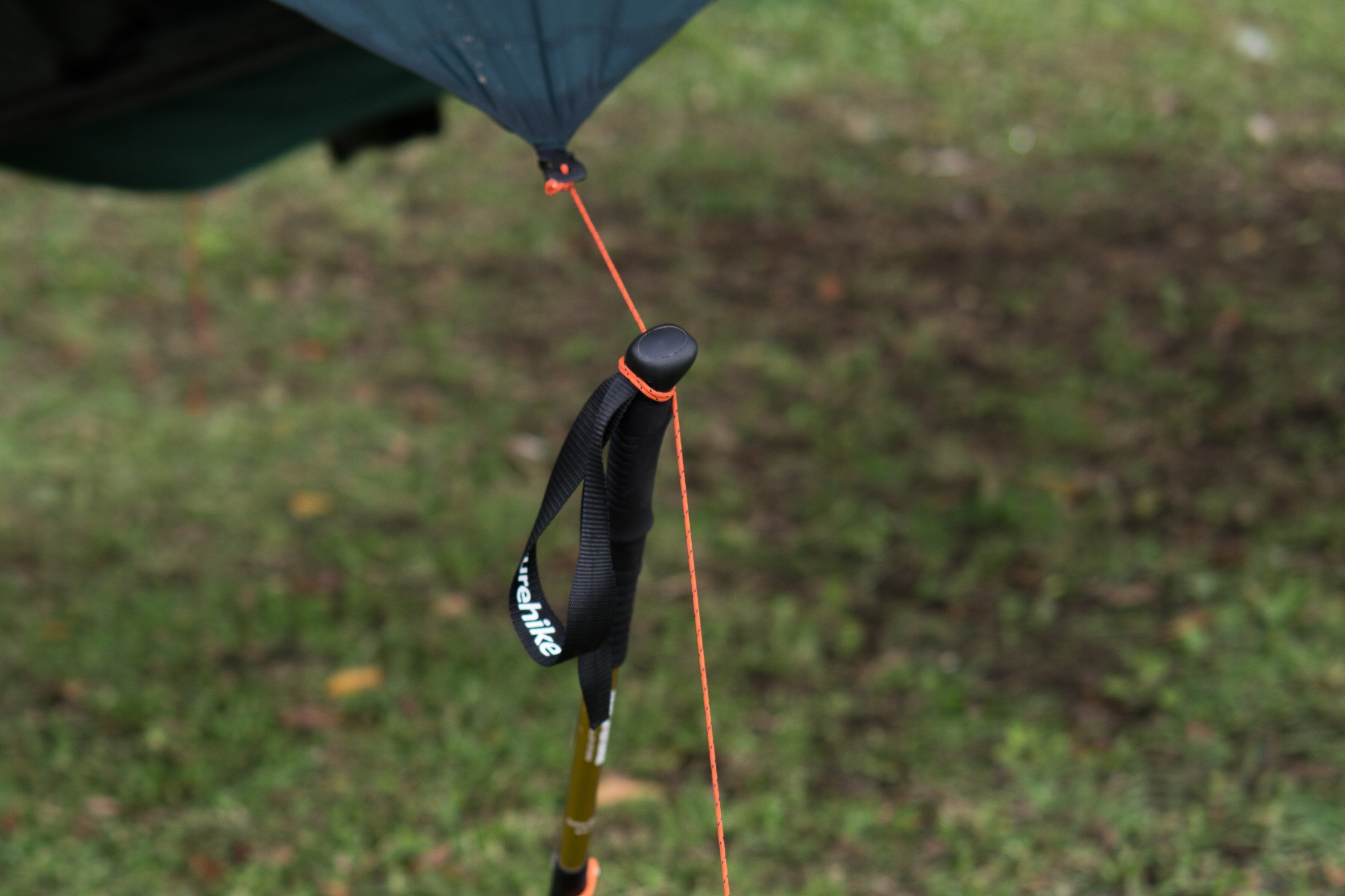 MoonTarp-Abspannung mit orangener Leine, befestigt an einem Trekkingstock als provisorischem Tarp-Ständer auf einer Wiese.