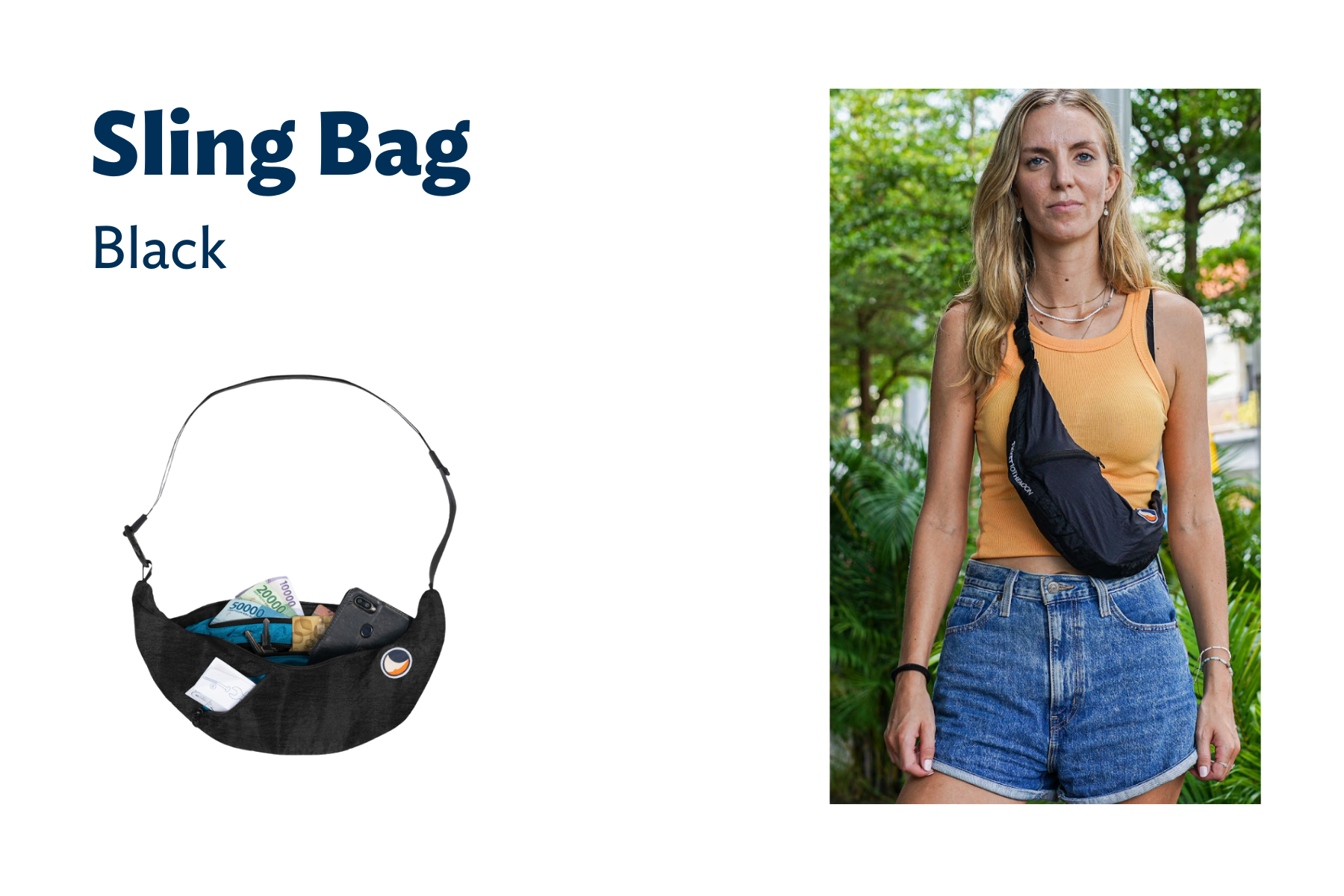 Frau trägt eine schwarze SLING BAG quer über den Oberkörper, stehend in einem tropischen Garten.