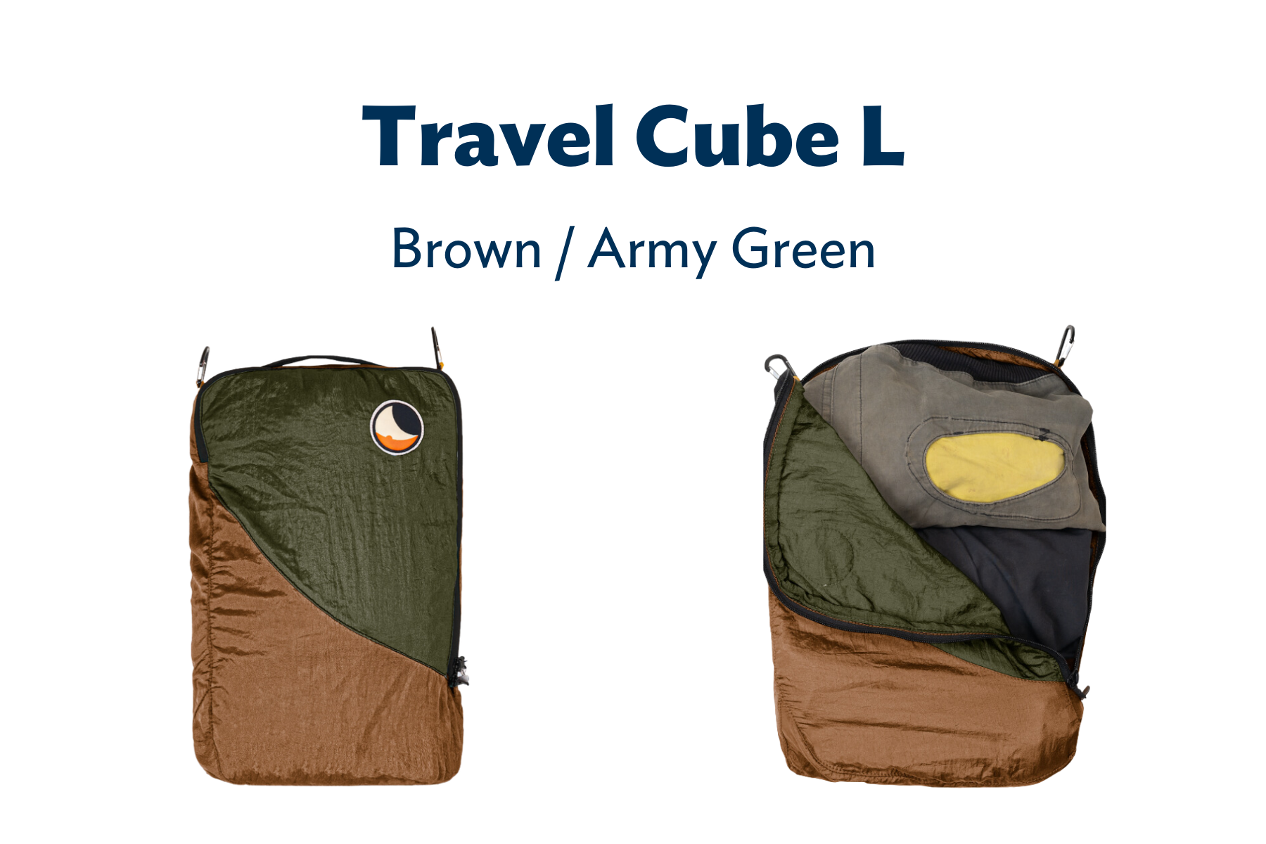 Travel Cube L in Braun und Army Grün – ein großer Packwürfel, einer geöffnet mit Kleidung befüllt.