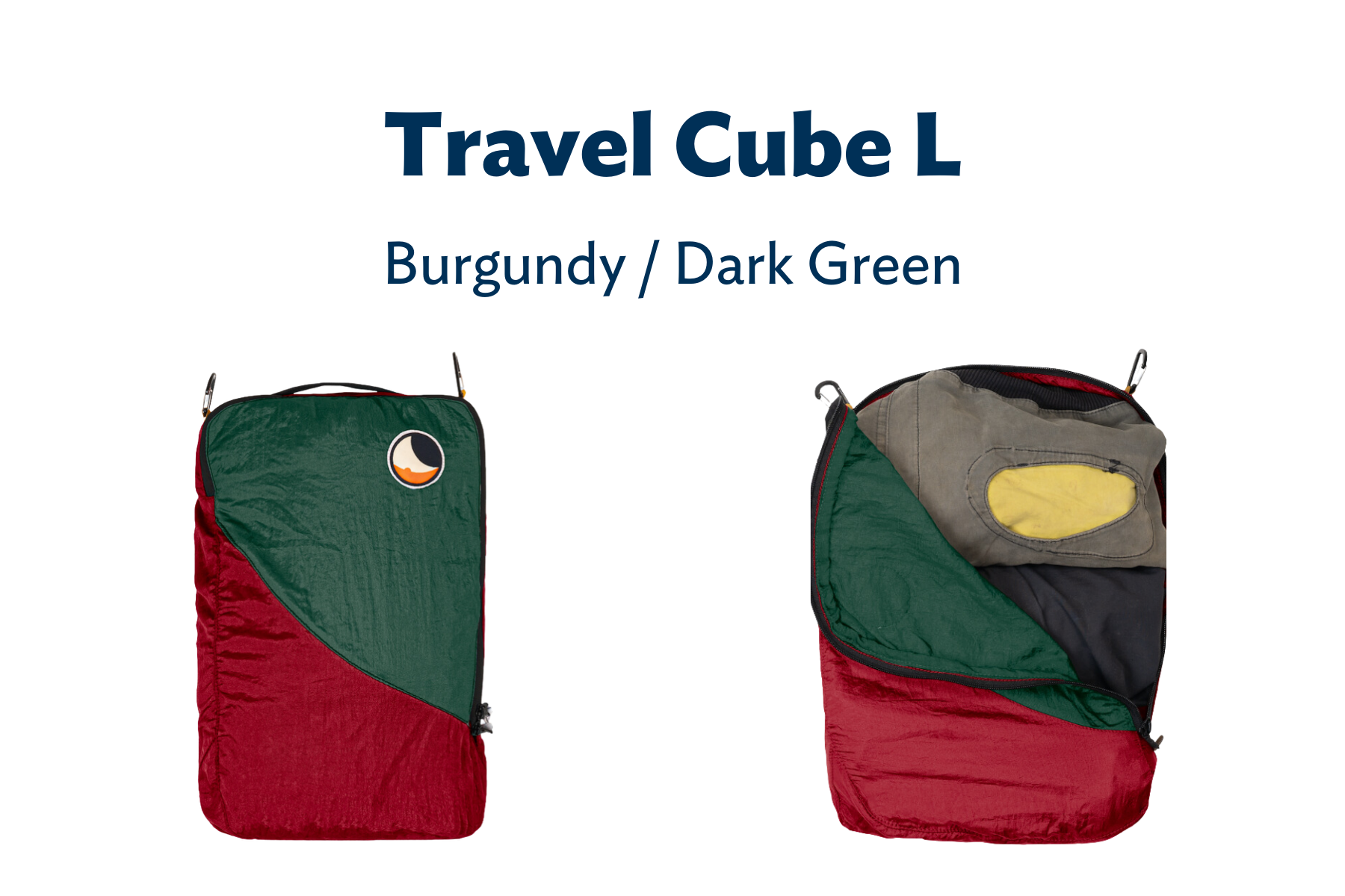 Travel Cube L in Rot und Grün – ein großer Packwürfel geöffnet und mit Kleidung befüllt.