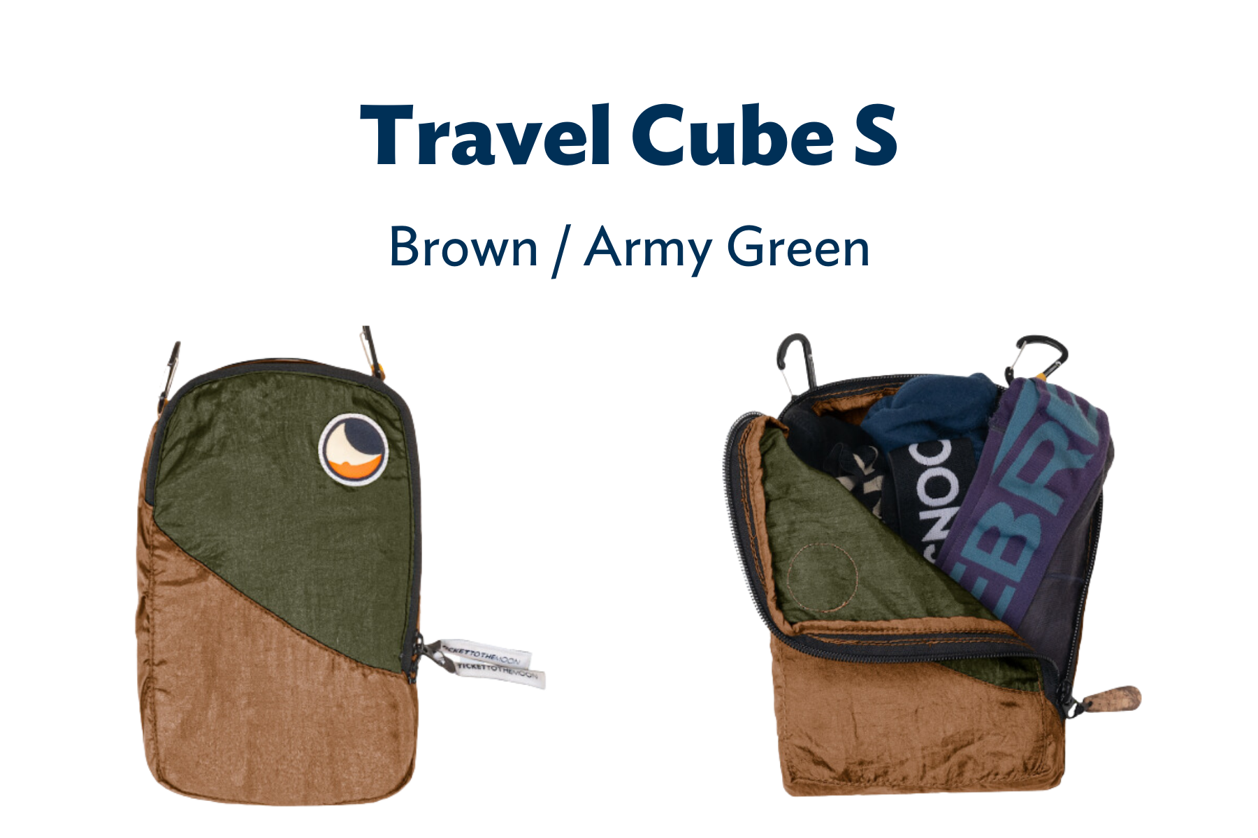 Travel Cube S in Braun und Army Grün – ein großer Packwürfel, einer geöffnet mit Kleidung befüllt.
