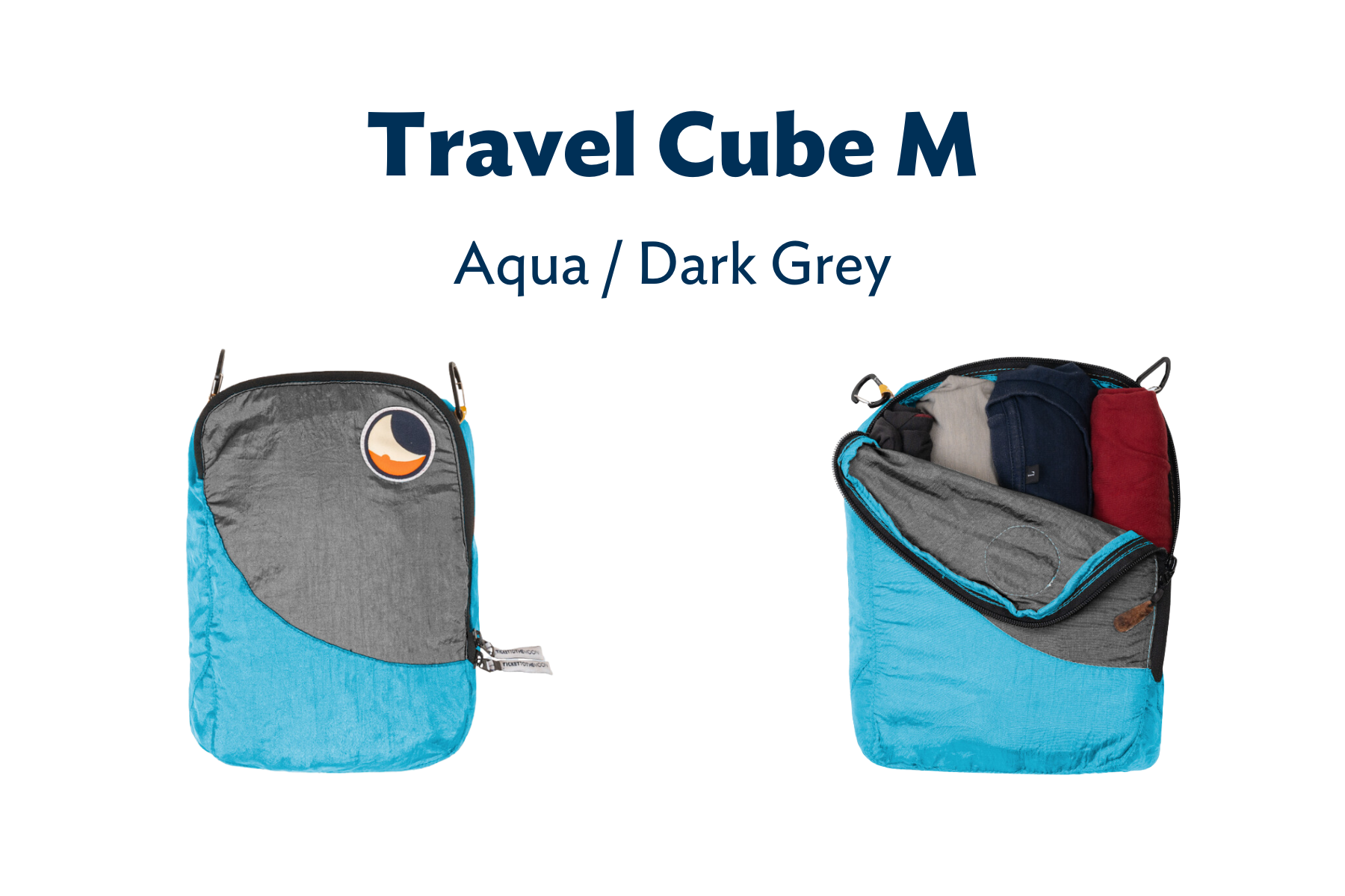 Travel Cube M in Aqua und Dark Grey – einmal leer und einmal befüllt mit Kleidung gezeigt. Ideal zum organisierten Packen.