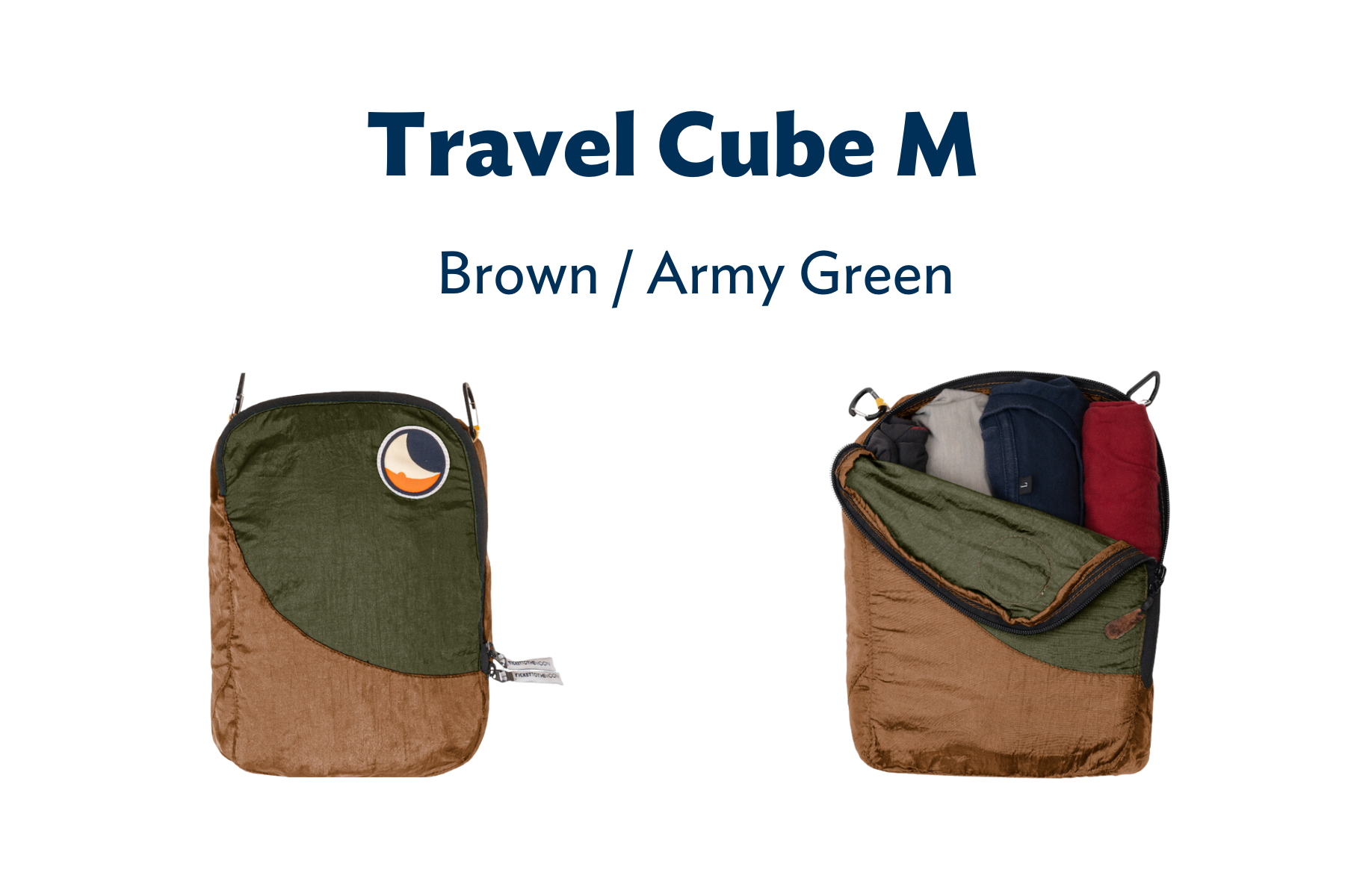 Travel Cube M in Braun und Army Green – einmal leer und einmal befüllt mit Kleidung gezeigt. Ideal zum organisierten Packen.