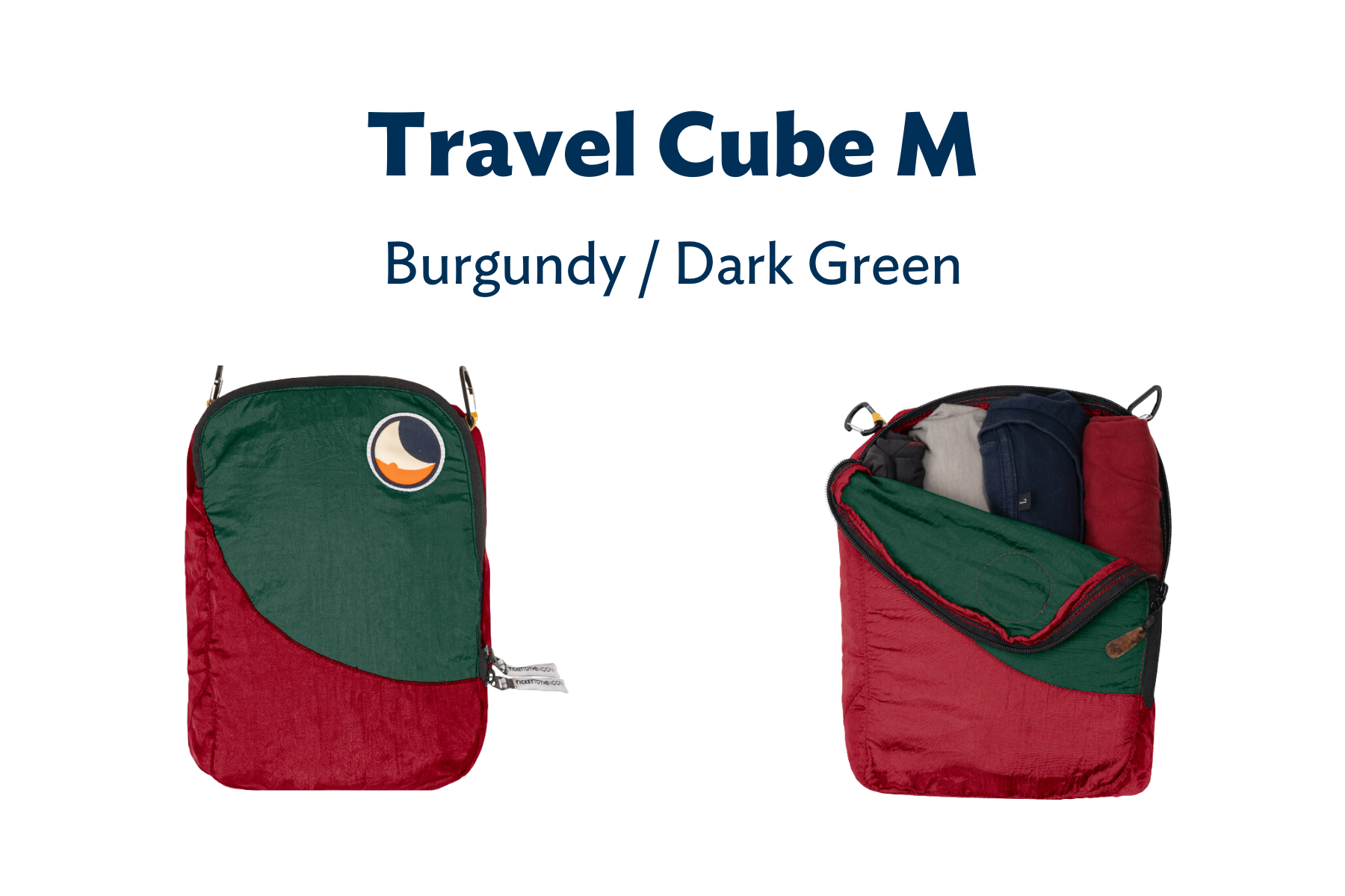 Travel Cube M in Burgundy und Dark Green – einmal leer und einmal befüllt mit Kleidung gezeigt. Ideal zum organisierten Packen.