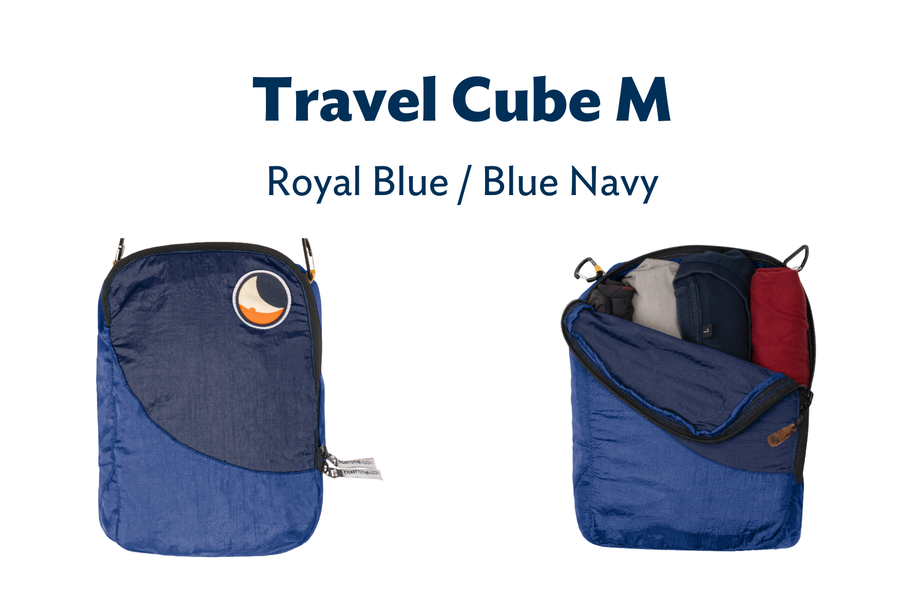 Travel Cube M in Royal Blue und Navy – einmal leer und einmal befüllt mit Kleidung gezeigt. Ideal zum organisierten Packen.