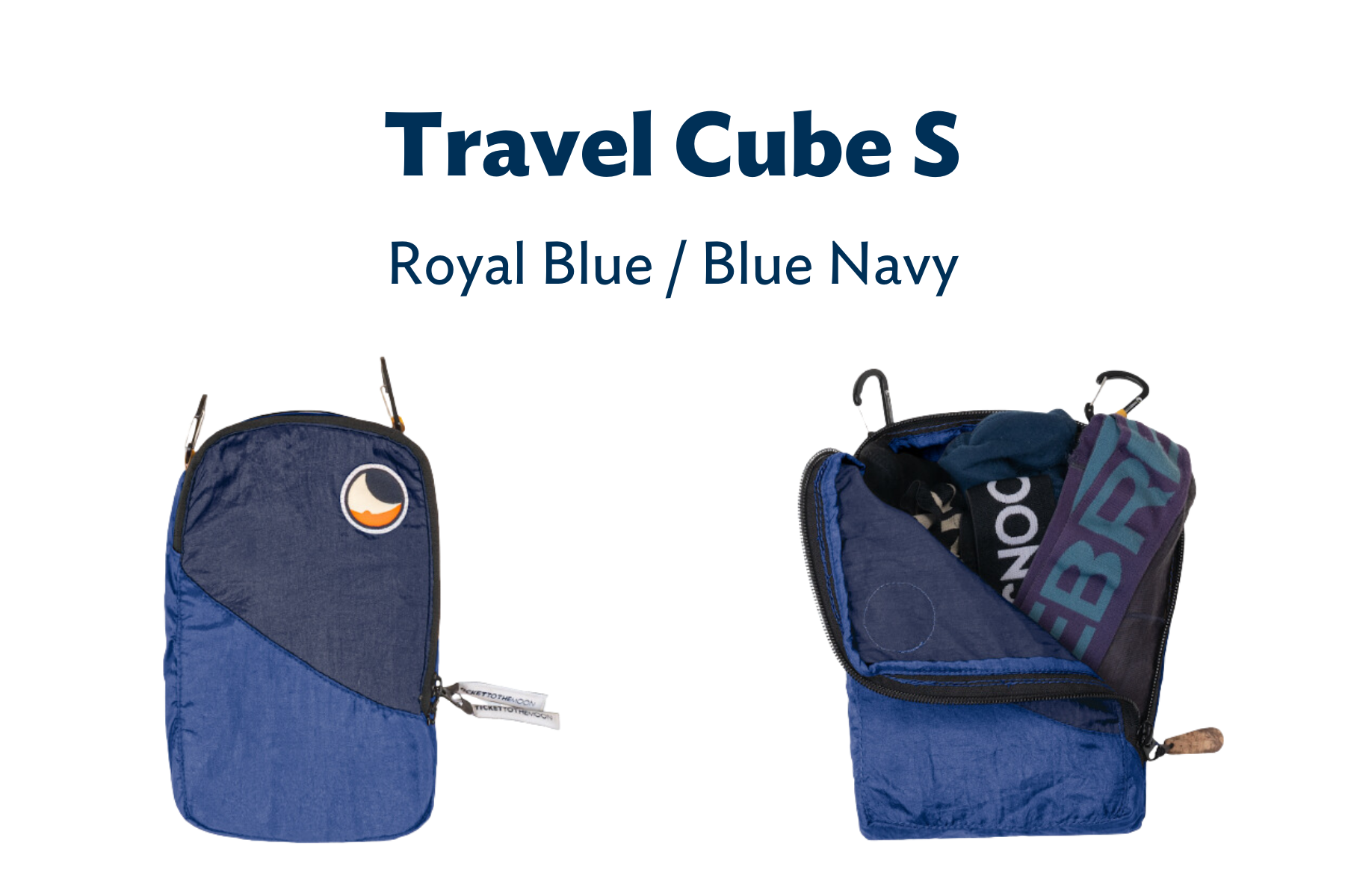 Travel Cube M in Royal Blue und Navy – einmal leer und einmal befüllt mit Kleidung gezeigt. Ideal zum organisierten Packen.
