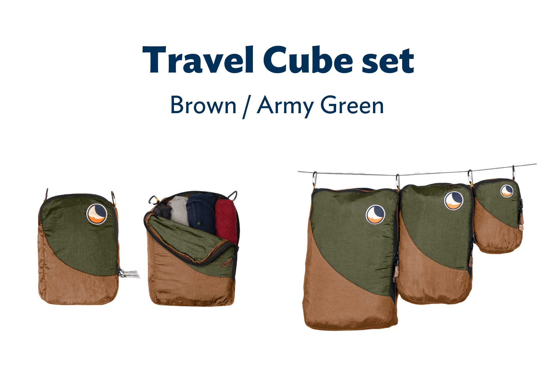 Travel Cube Set in Braun und Army Grün – drei Packwürfel in unterschiedlichen Größen, einer geöffnet mit Kleidung befüllt.