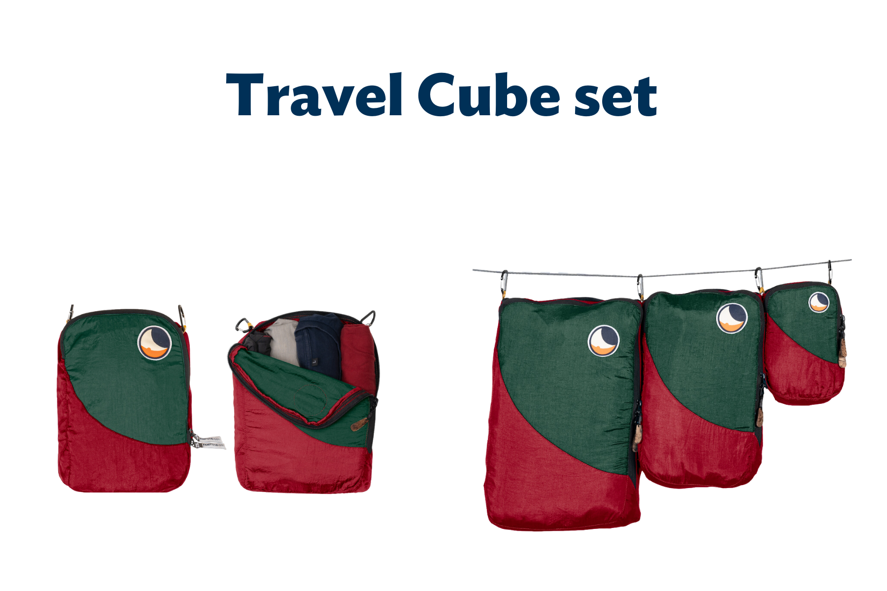 Travel Cube Set in Rot und Grün – drei praktische Packwürfel in verschiedenen Größen, einer geöffnet mit Kleidung befüllt.