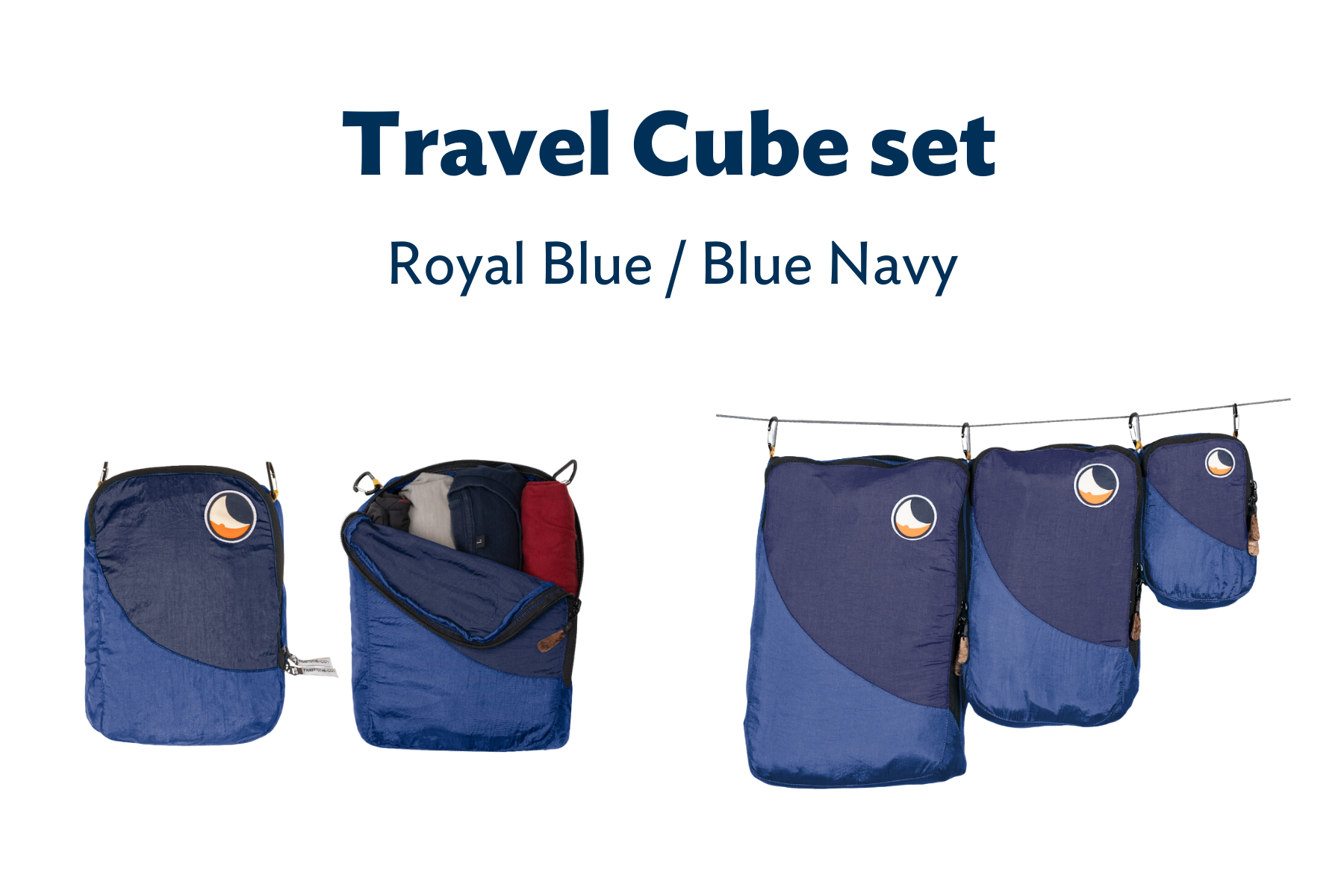 Travel Cube Set in Royal Bluen und Navy – drei Packwürfel in unterschiedlichen Größen, einer geöffnet mit Kleidung befüllt.