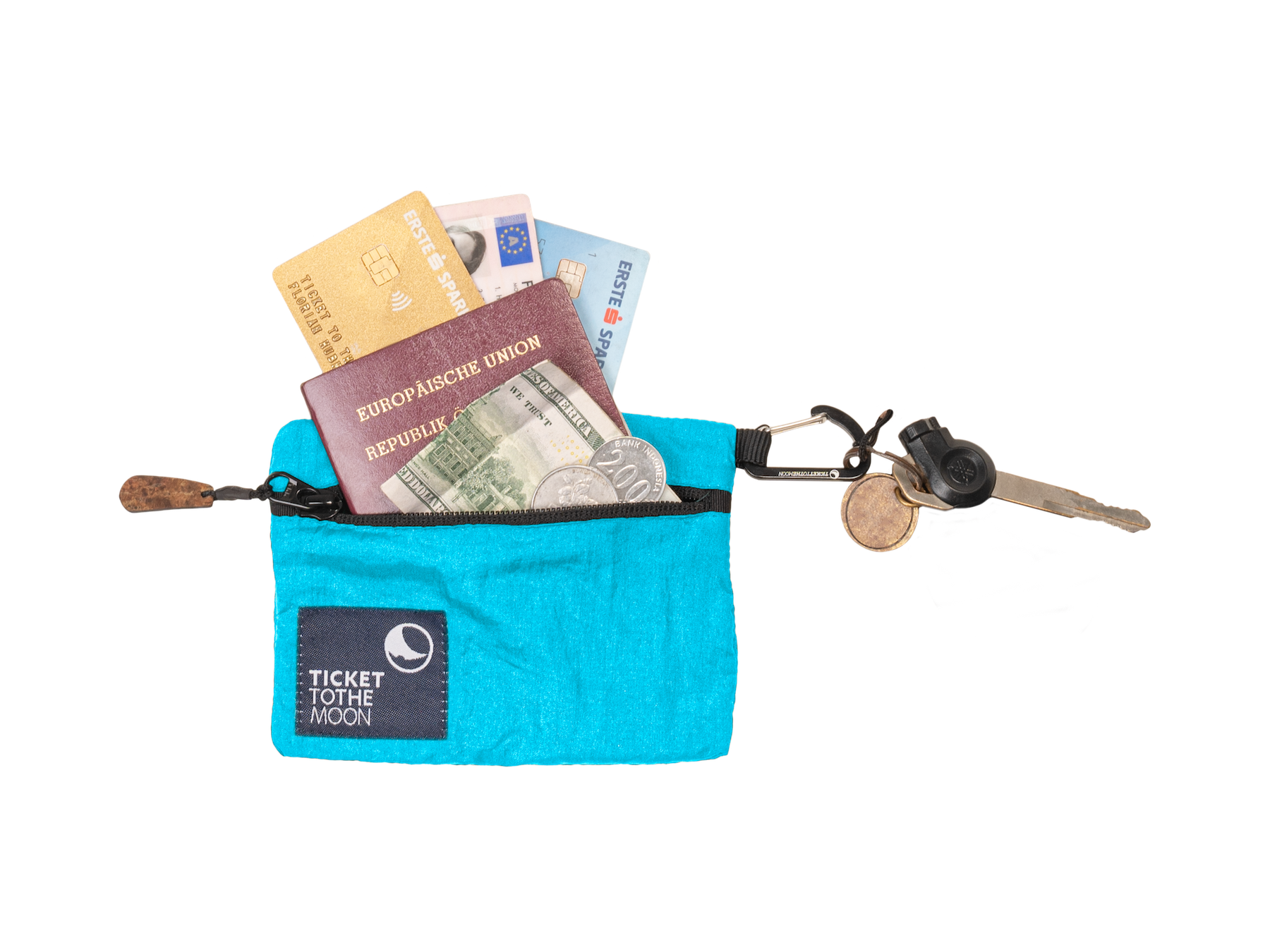 Blaues Travel Wallet von Ticket to the Moon mit EU-Reisepass, Geldscheinen, Karten und Schlüsseln