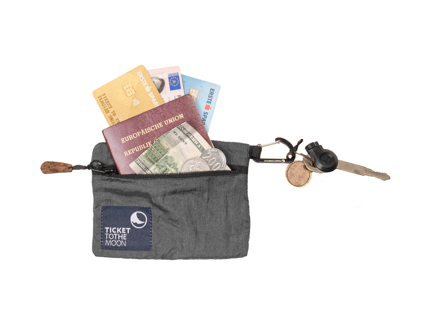Graues Travel Wallet von Ticket to the Moon mit EU-Reisepass, Geldscheinen, Karten und Schlüsseln