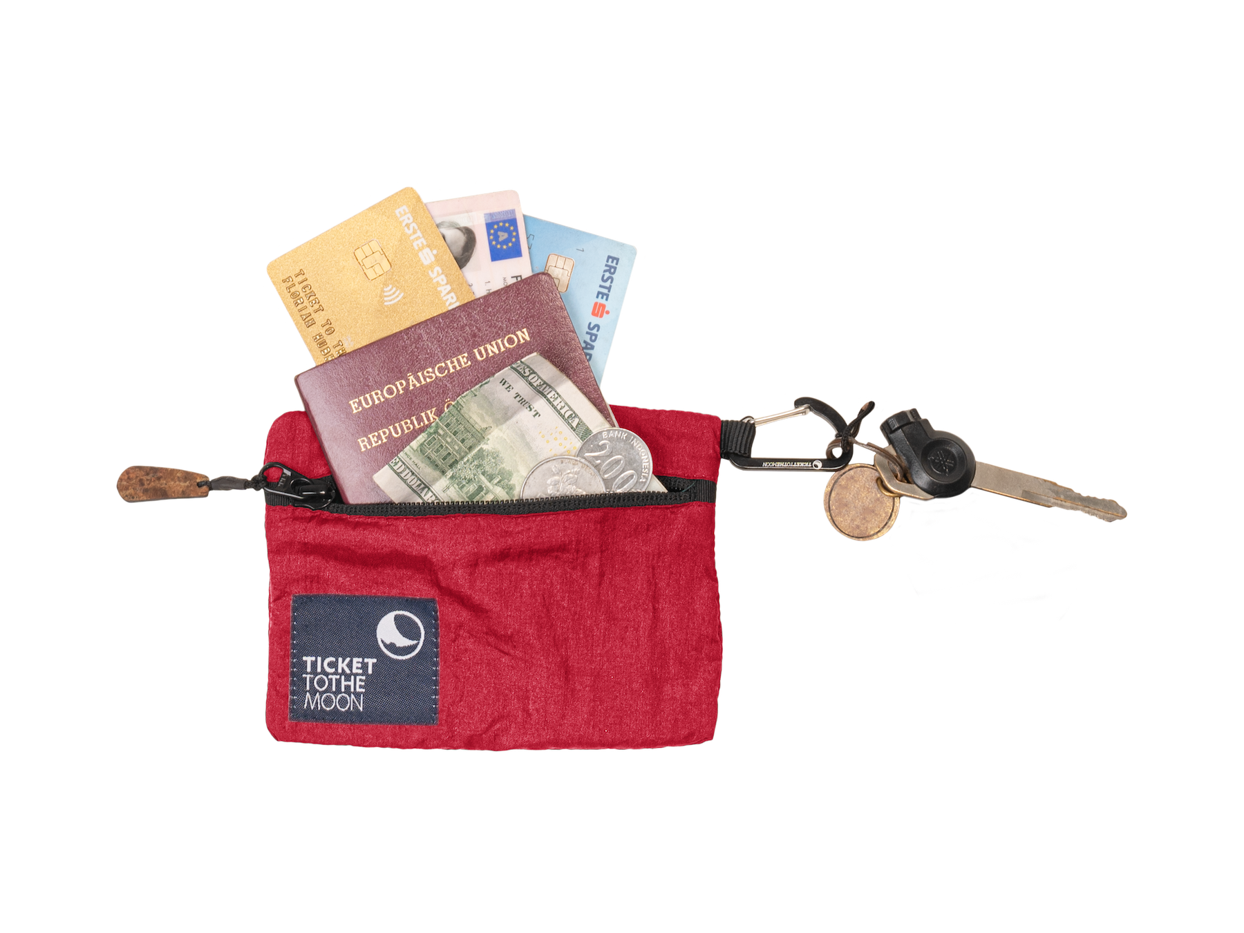 Rotes Travel Wallet von Ticket to the Moon mit EU-Reisepass, Geldscheinen, Karten und Schlüsseln