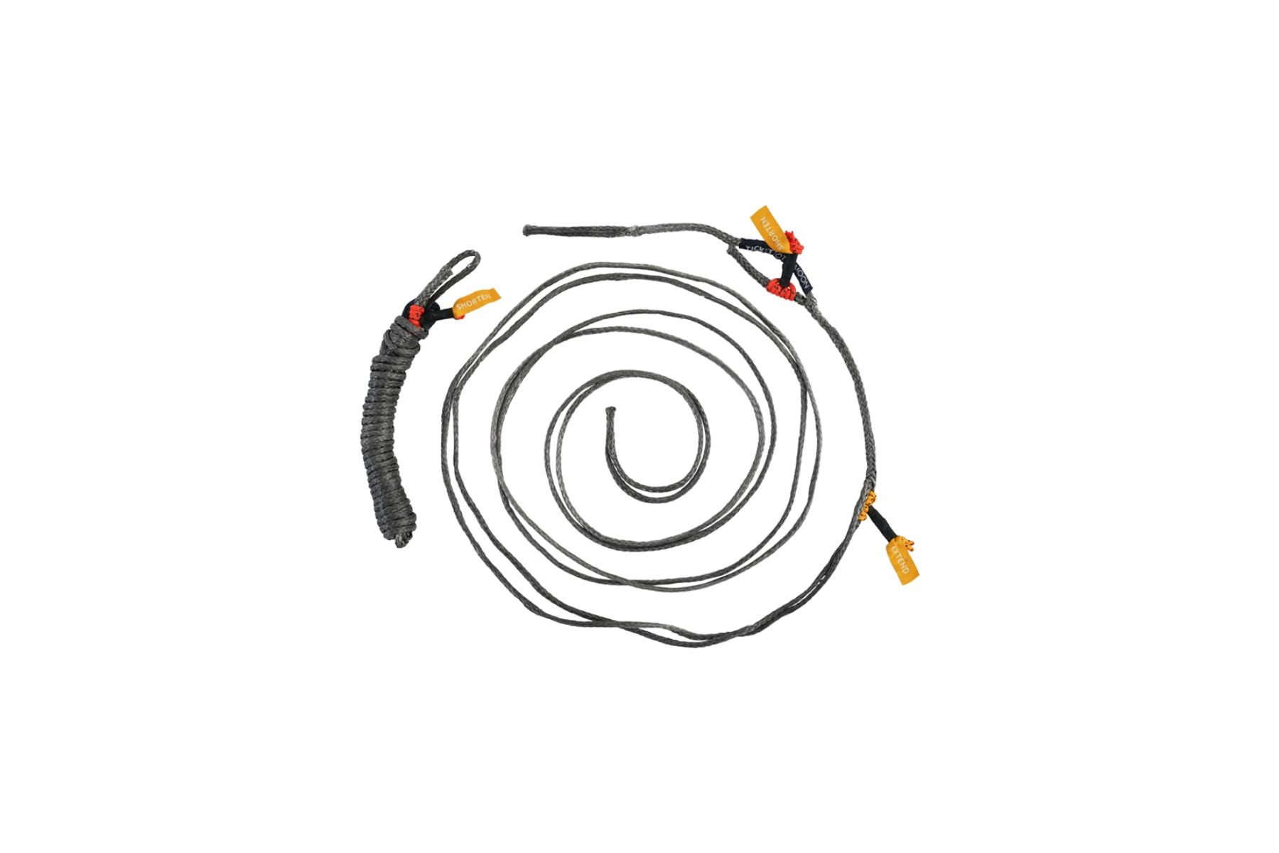 Aufgerolltes Whoopie Sling Set aus grauem Seil mit farbigen Labels zum Verlängern und Verkürzen („EXTEND“ und „SHORTEN“) – verstellbares Aufhängesystem für Hängematten von Ticket to the Moon.