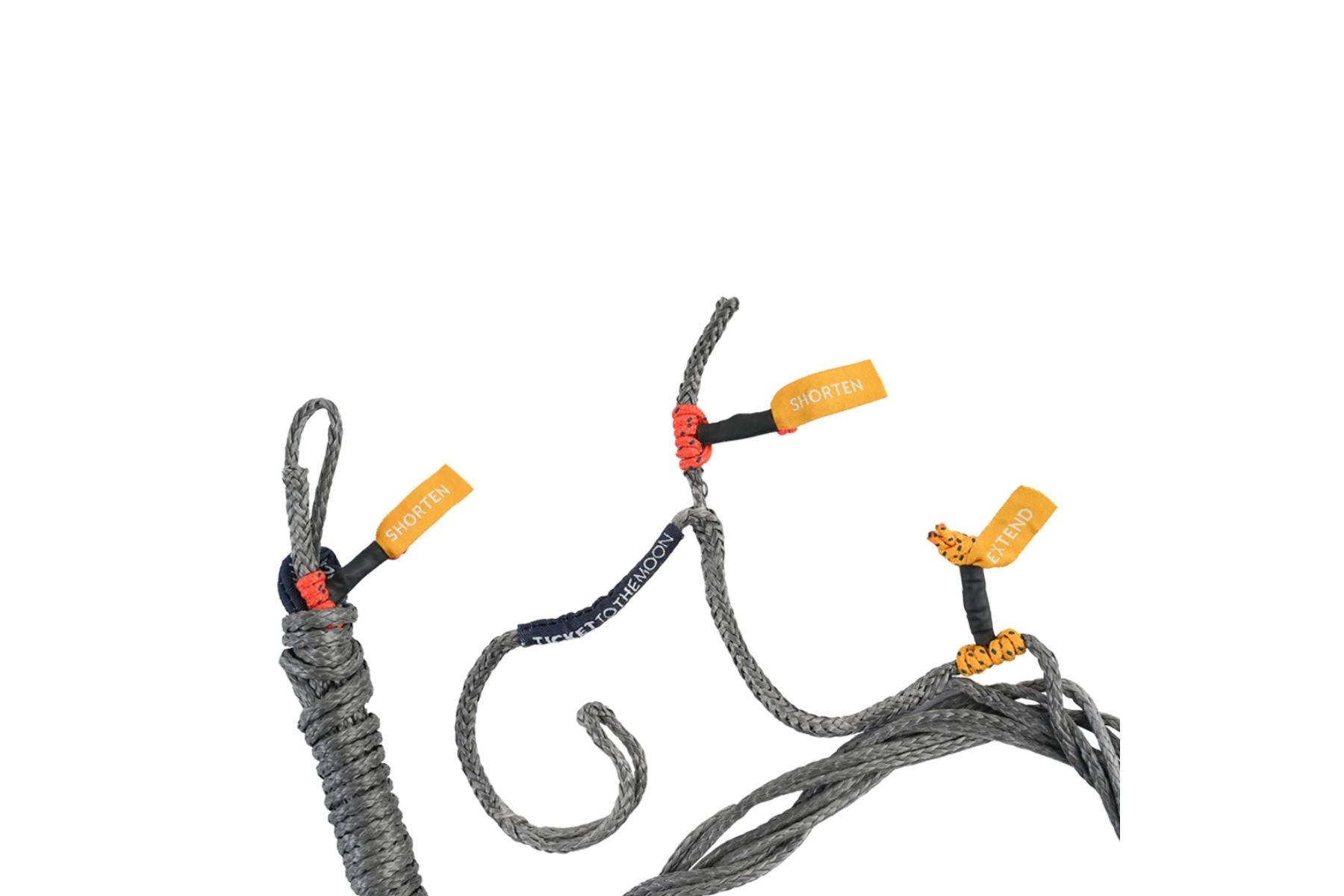 Whoopie Sling aus grauem Seil mit farbigen Markierungen („SHORTEN“ und „EXTEND“) zur einfachen Längenverstellung – Teil eines verstellbaren Hängematten-Systems von Ticket to the Moon.