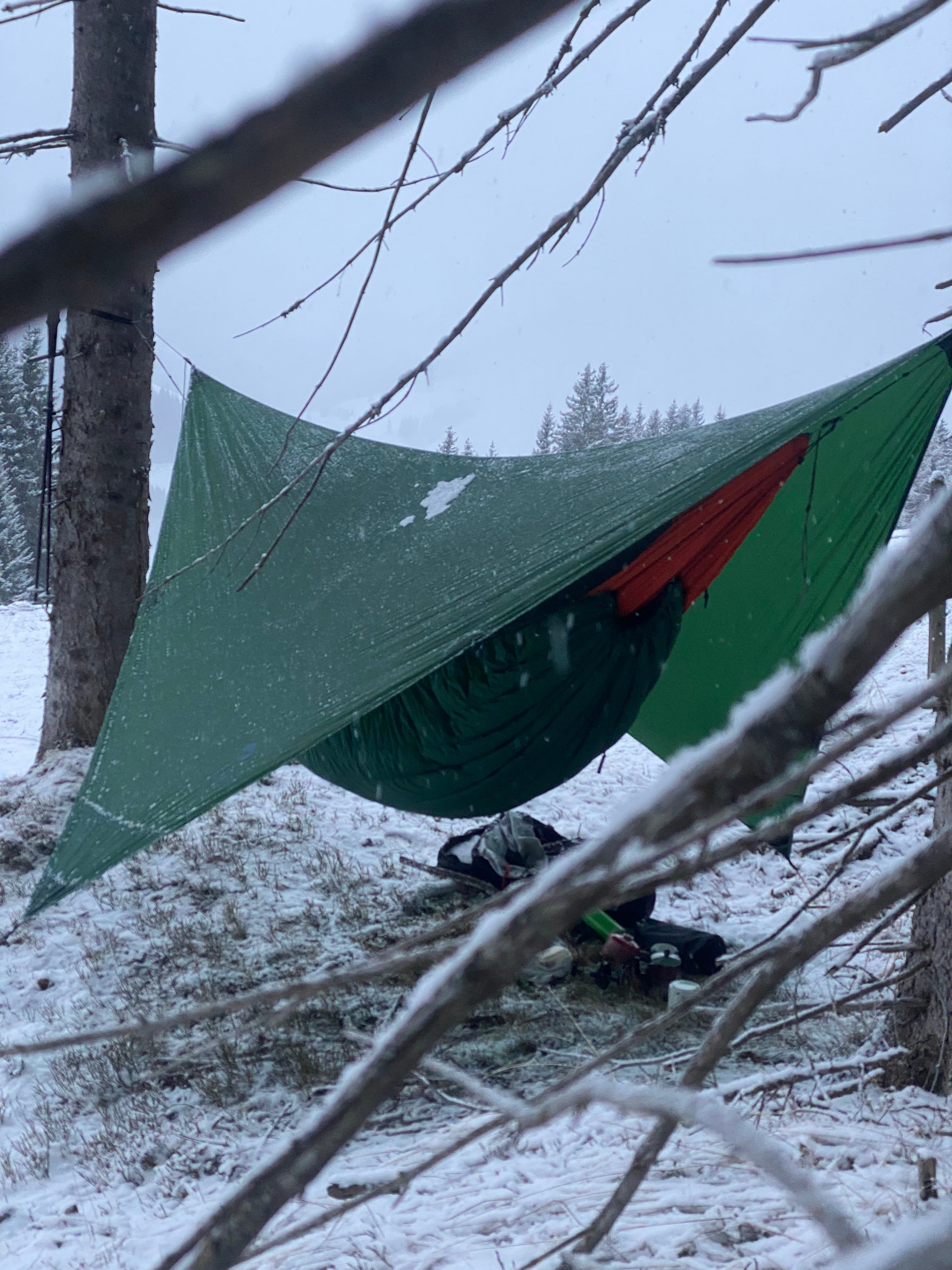 Grünes Tarp in A-Shape Form über einer Hängematte gespannt im Wald während es schneit.