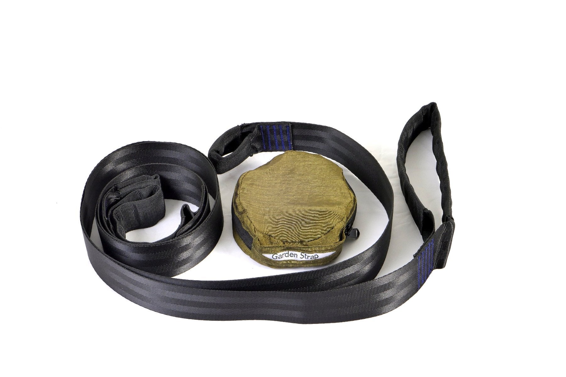 Ticket to the Moon Garden Straps Hängematten-Aufhängesystem aus schwarzem Gurtband mit verstärkten Schlaufen und olivgrünem Transportbeutel auf weißem Hintergrund.