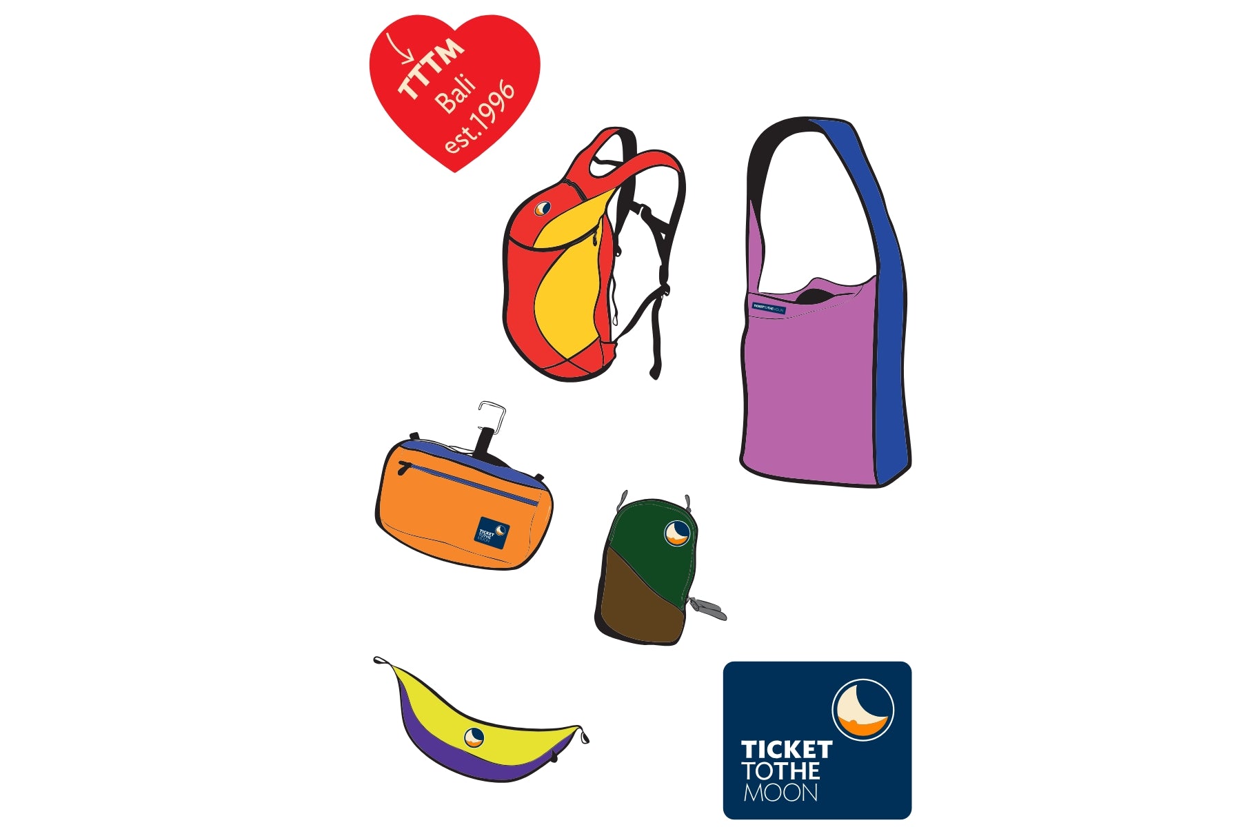 Illustriertes Sticker-Set von Ticket to the Moon mit verschiedenen Produkten wie Rucksack, Eco Bag, Sling Bag, Travelcube und Hängematte. Enthält ein rotes Herz mit dem Text „TTTM Bali est. 1996“ und ein blaues Ticket to the Moon Logo.