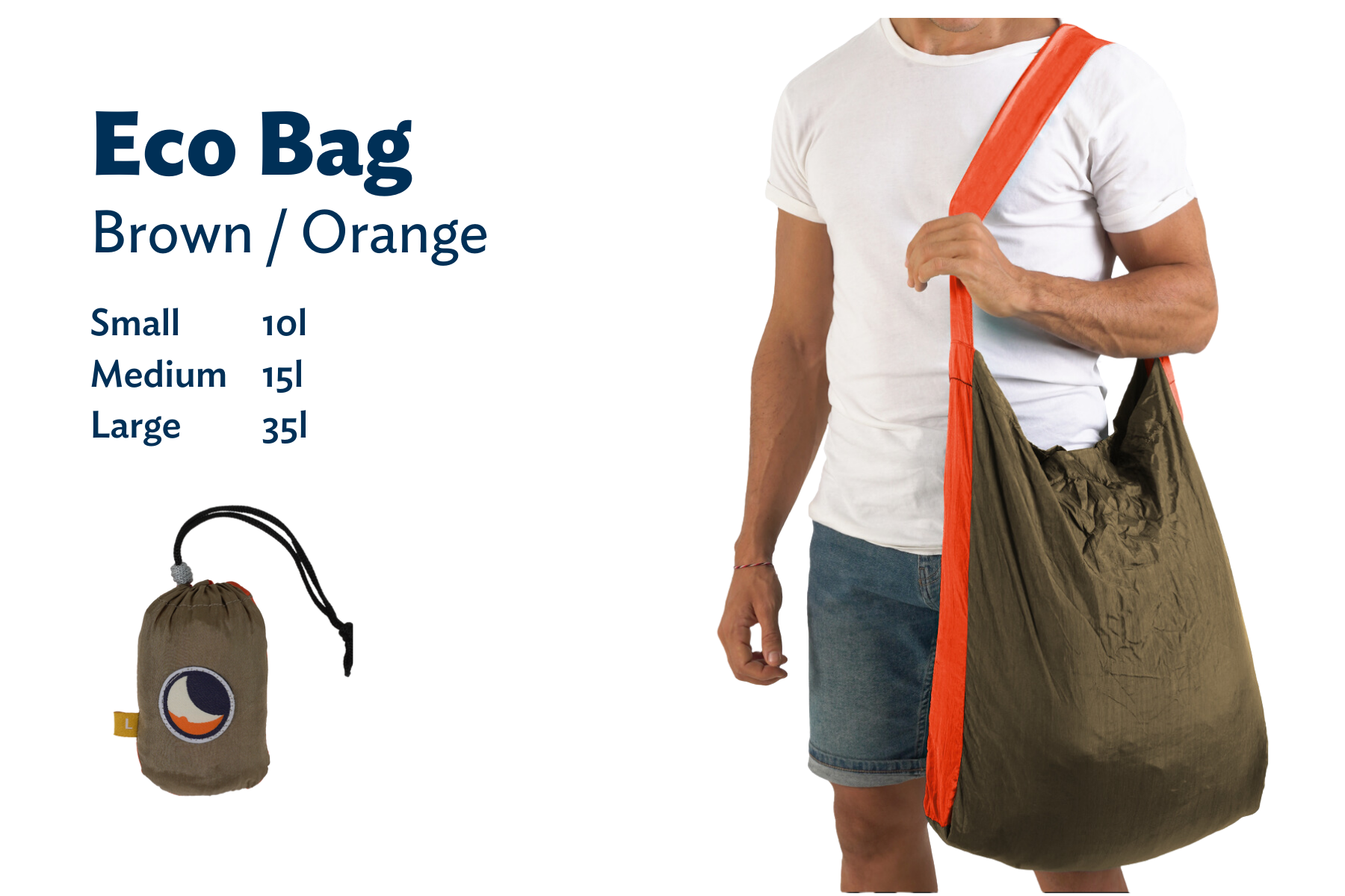 Mann mit braun-orangem ECO BAG in Größe Large – Größenübersicht der nachhaltigen Einkaufstasche von 10 bis 35 Litern inklusive Packmaß.