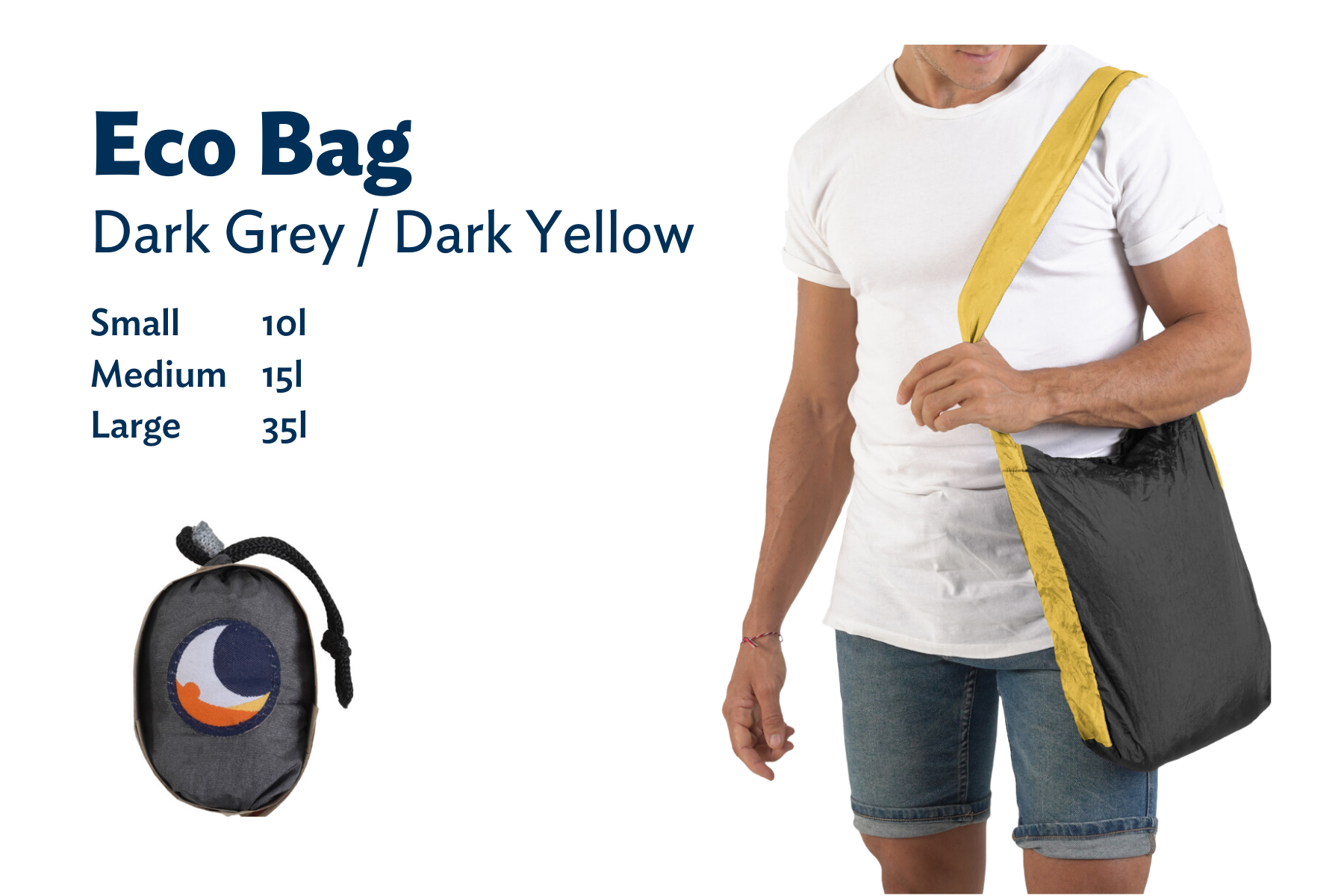 Mann trägt die ECO BAG in Grau und Gelb über der Schulter, daneben stehen die verfügbaren Größen: Small (10 l), Medium (15 l), Large (35 l), sowie die verpackte Tasche.