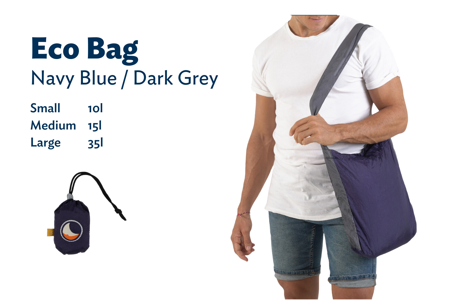 Mann trägt die ECO BAG in Lilla und Grau über der Schulter, daneben stehen die verfügbaren Größen: Small (10 l), Medium (15 l), Large (35 l), sowie die verpackte Tasche.