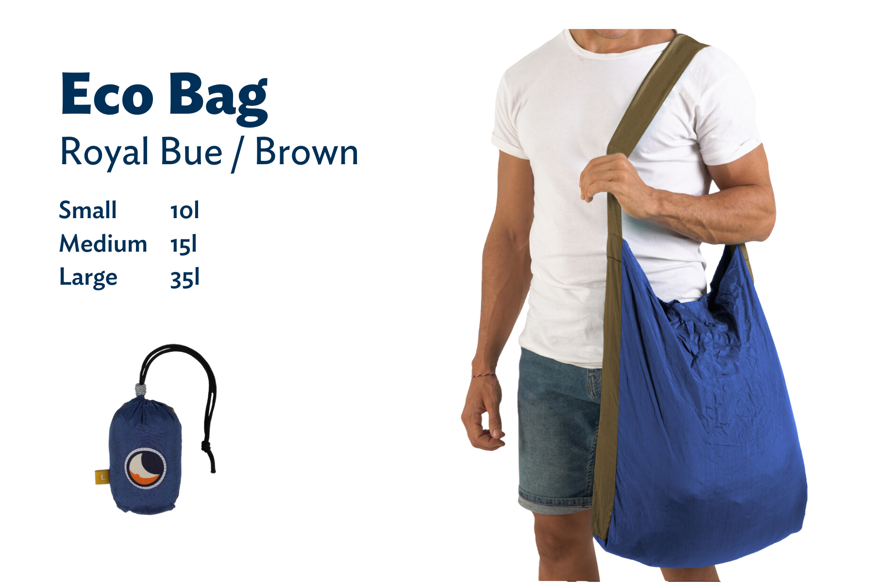 Mann mit braun-blauem ECO BAG in Größe Large – Größenübersicht der nachhaltigen Einkaufstasche von 10 bis 35 Litern inklusive Packmaß.
