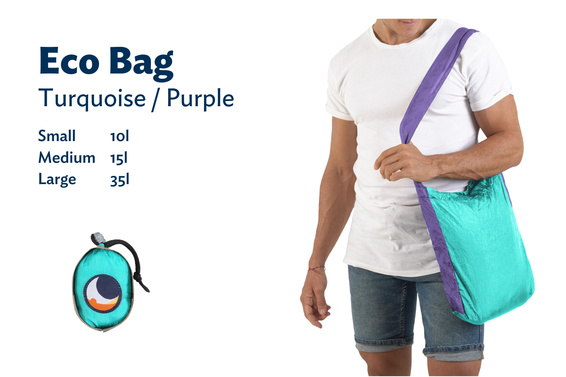 Mann mit türkis-lila ECO BAG in Größe Large – Größenübersicht der nachhaltigen Einkaufstasche von 10 bis 35 Litern inklusive Packmaß.
