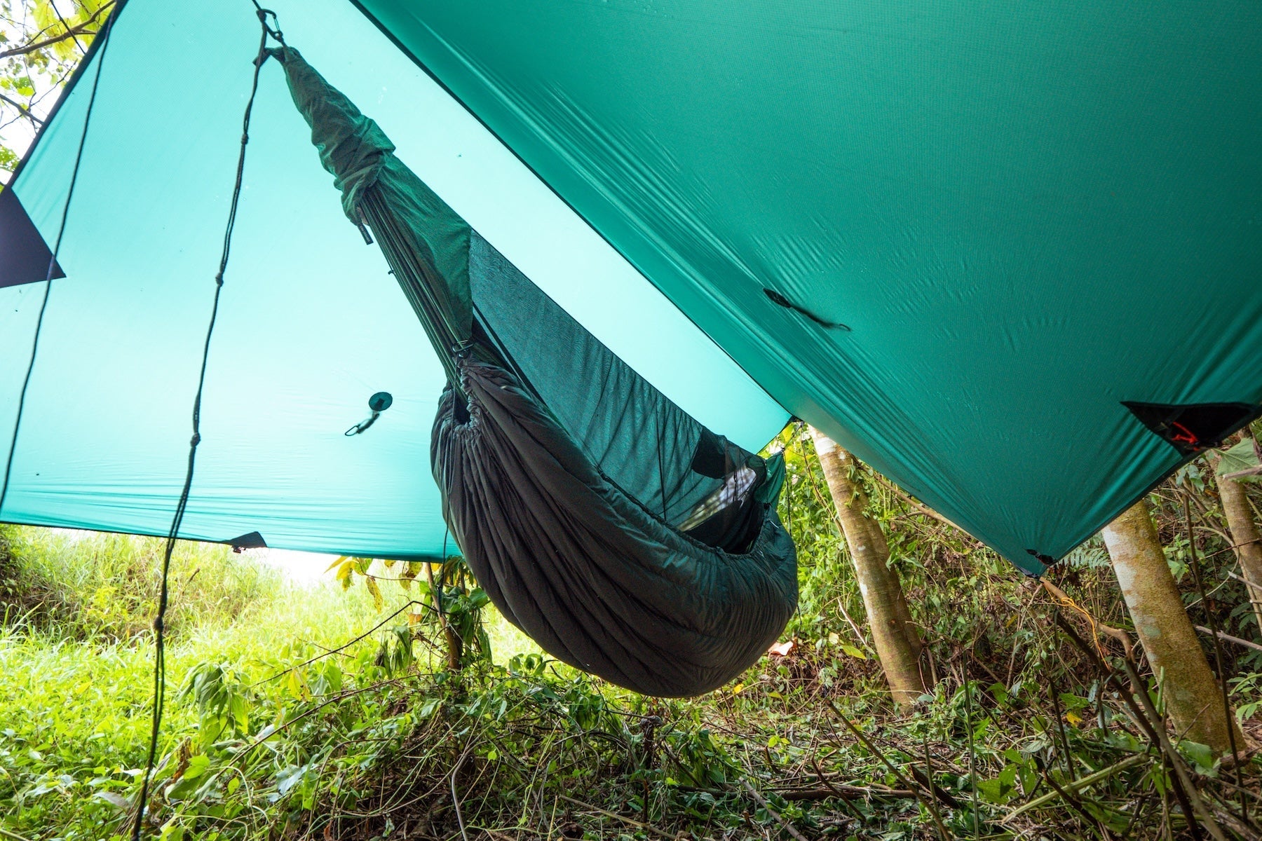 MoonQuilt Pro 850 an Hängematte unter einem Tarp im Wald – Daunen-Unterquilt für kalte Nächte beim Outdoor-Camping.