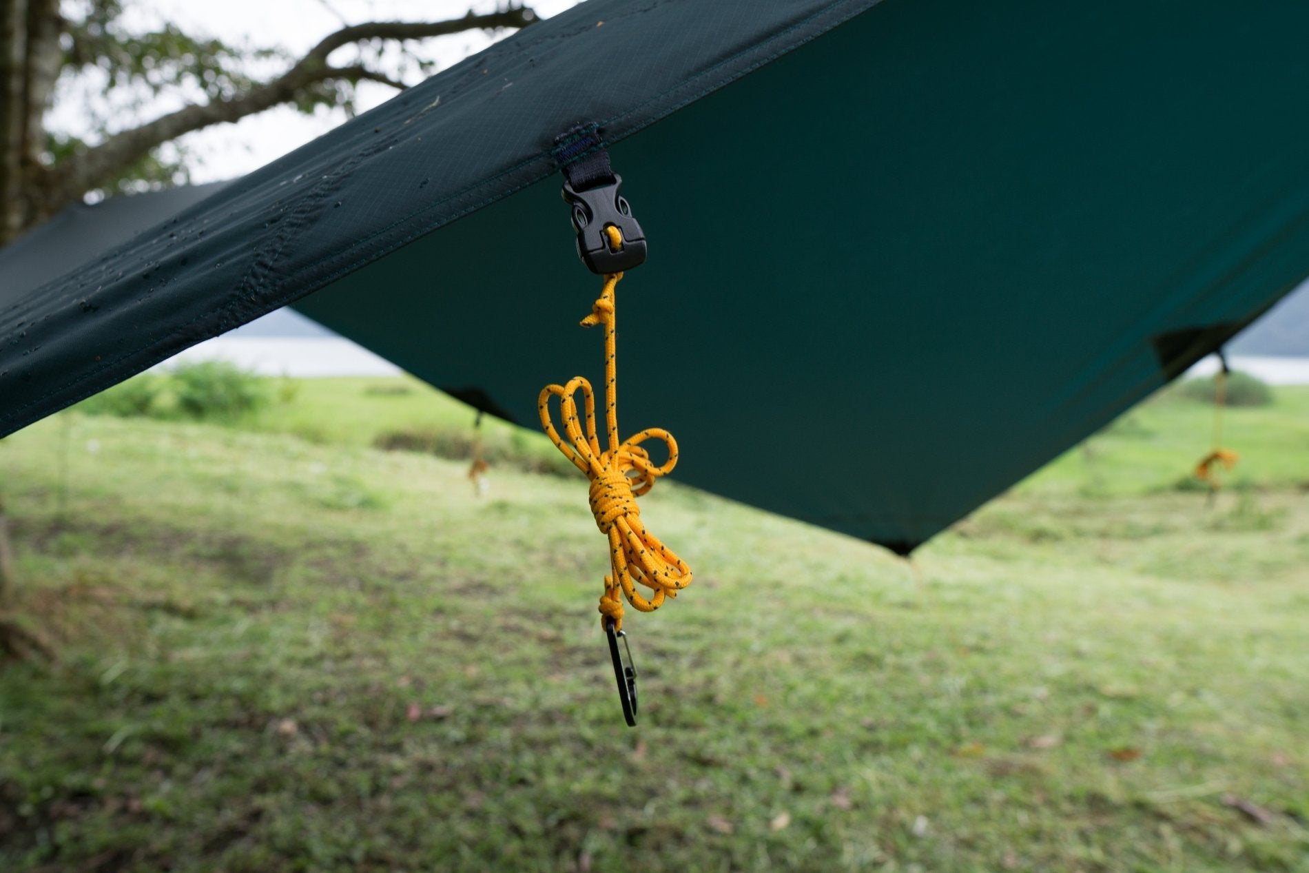 Nahaufnahme einer gelben Abspannleine mit Karabiner, befestigt am dunkelgrünen Moontarp.