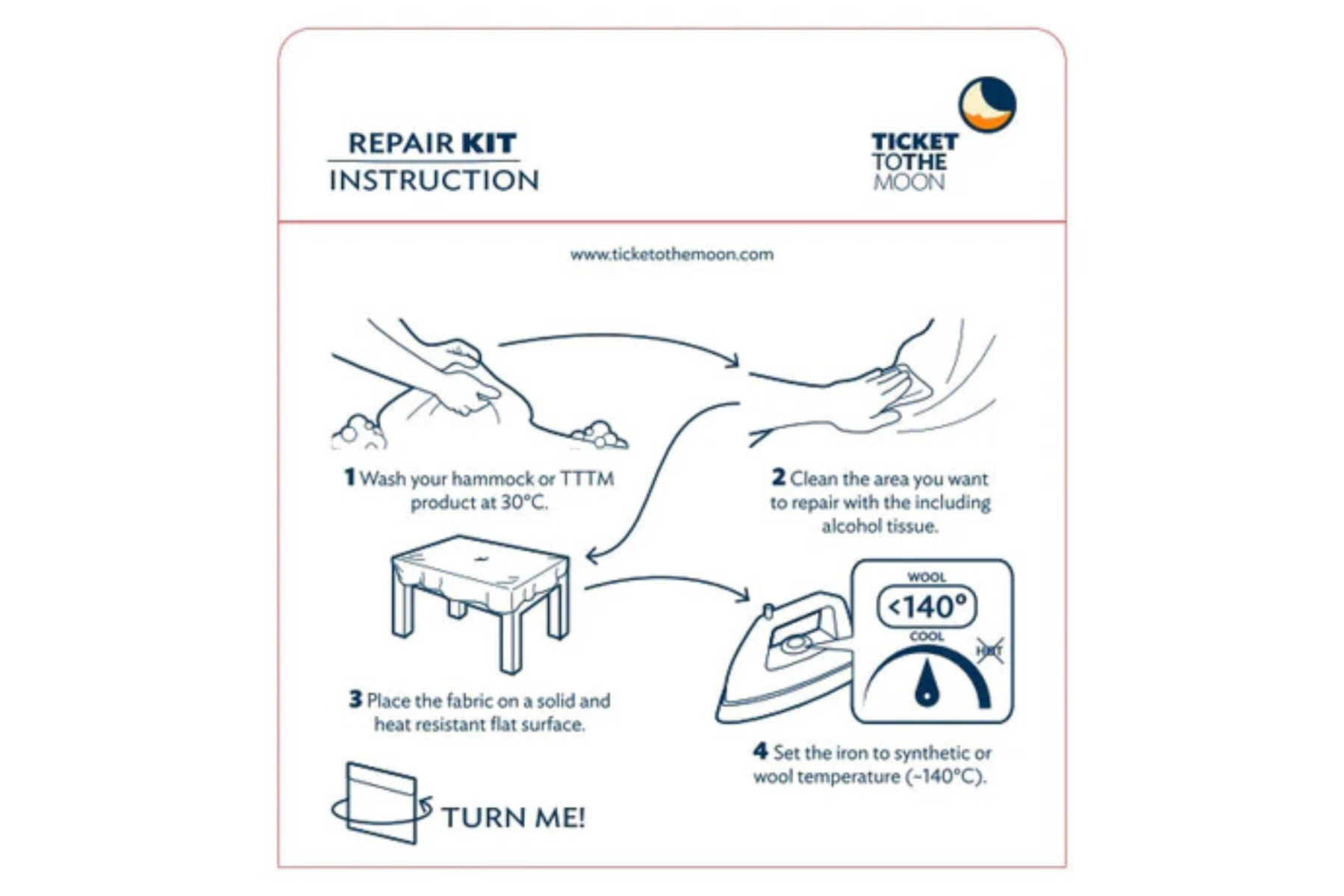 Erste Seite der Anleitung für das Ticket to the Moon Repair Kit mit vier Schritten zur Vorbereitung: Waschen, Reinigen mit Alkoholtuch, auf flache Oberfläche legen und Bügeleiseneinstellung auf ca. 140 °C.