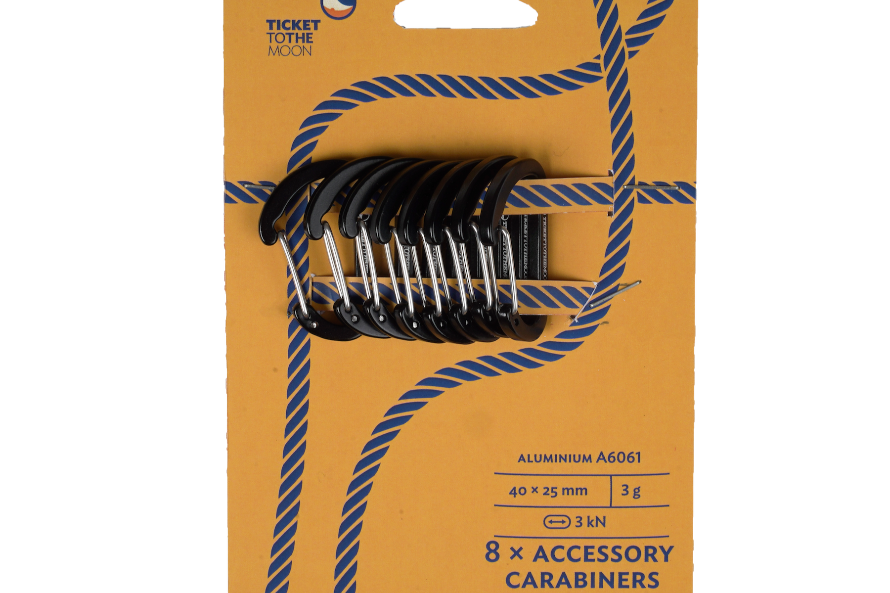 8 kleine schwarze Accessory-Karabiner von Ticket to the Moon aus Aluminium auf Verpackungskarte